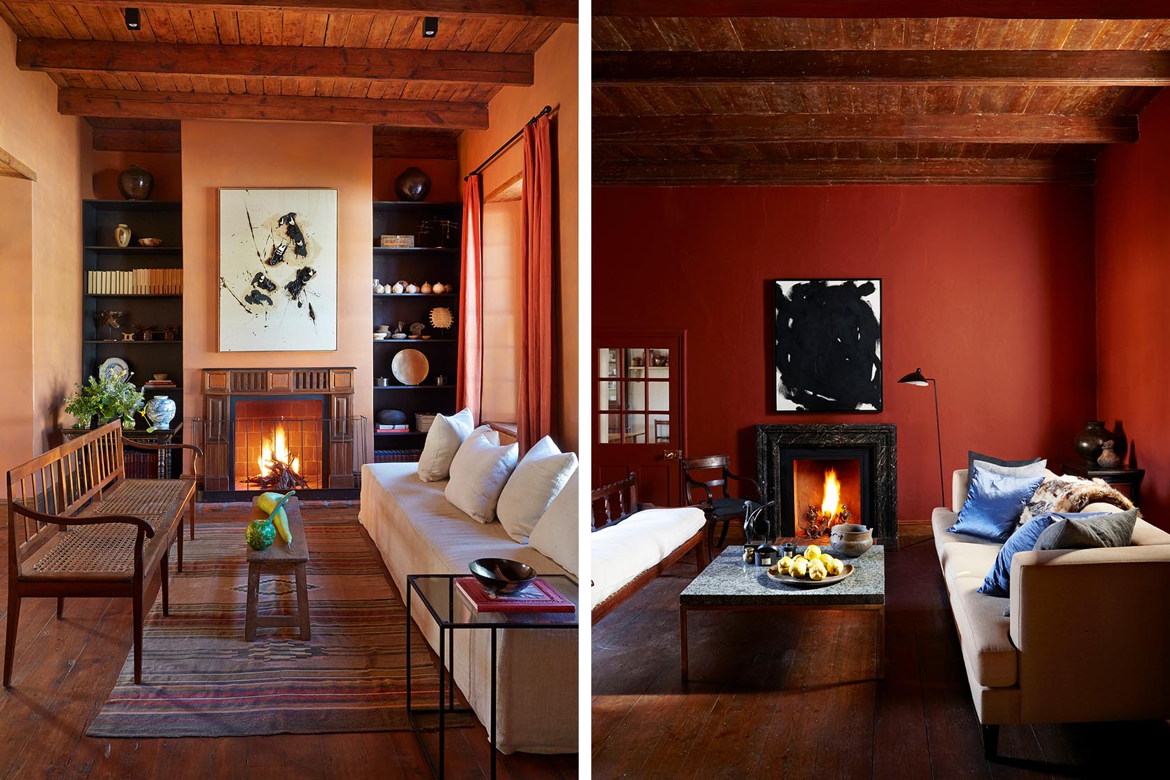 Perfect Hideaways- A cosy living room with exposed wooden beams, a lit fireplace, neutral sofas, layered rugs and built-in shelves displaying ceramics and books Jonkmanshof, Montague, Western Cape, South Africa