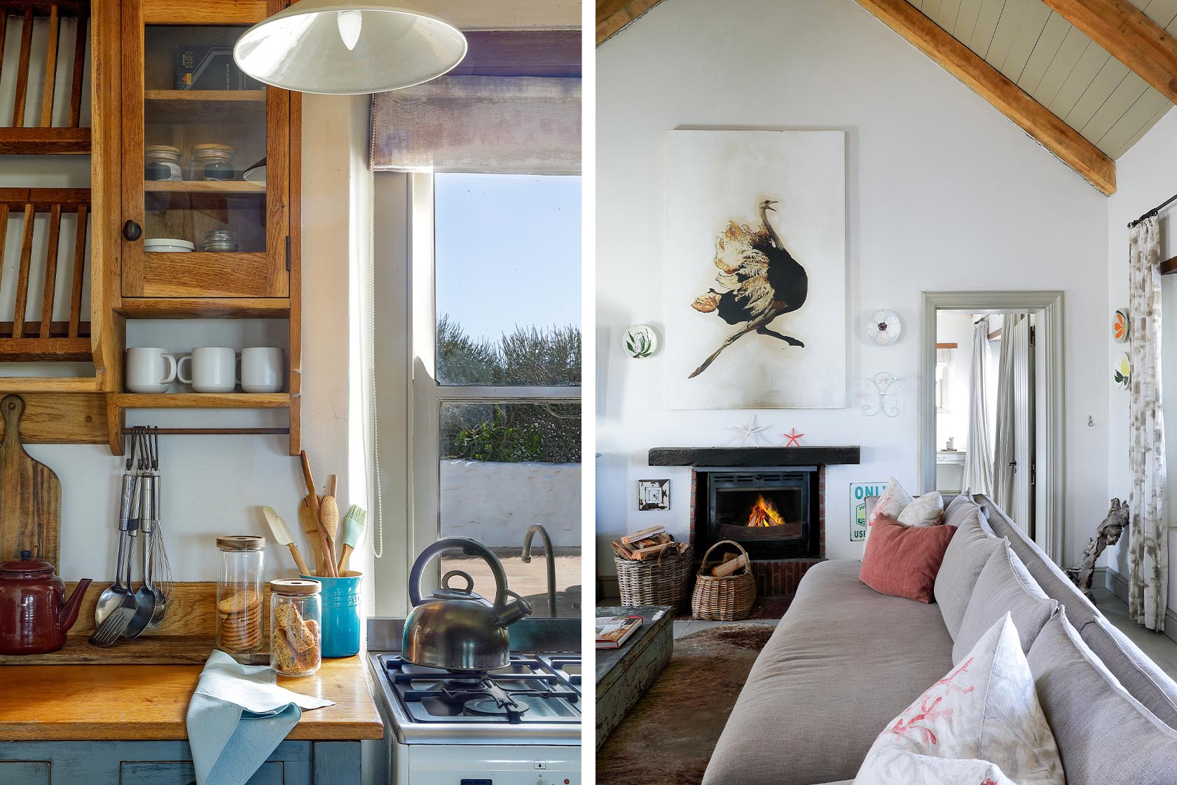 Perfect Hideaways–Split view of rustic kitchen shelving beside a window and a cozy lounge corner with a fireplace and artwork. Church Cottage, Churchhaven, South Africa