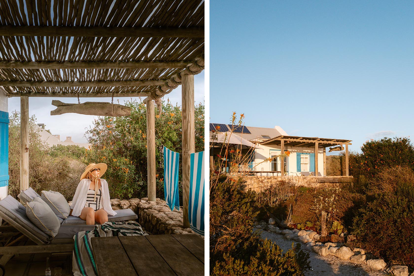 Perfect Hideaways - A vibrant outdoor dining space shaded by flowering bougainvillea, featuring a long wooden table, patterned cushions and a built-in braai area Seagull Cottage_Churchhaven_West Coast_Western Cape_South Africa