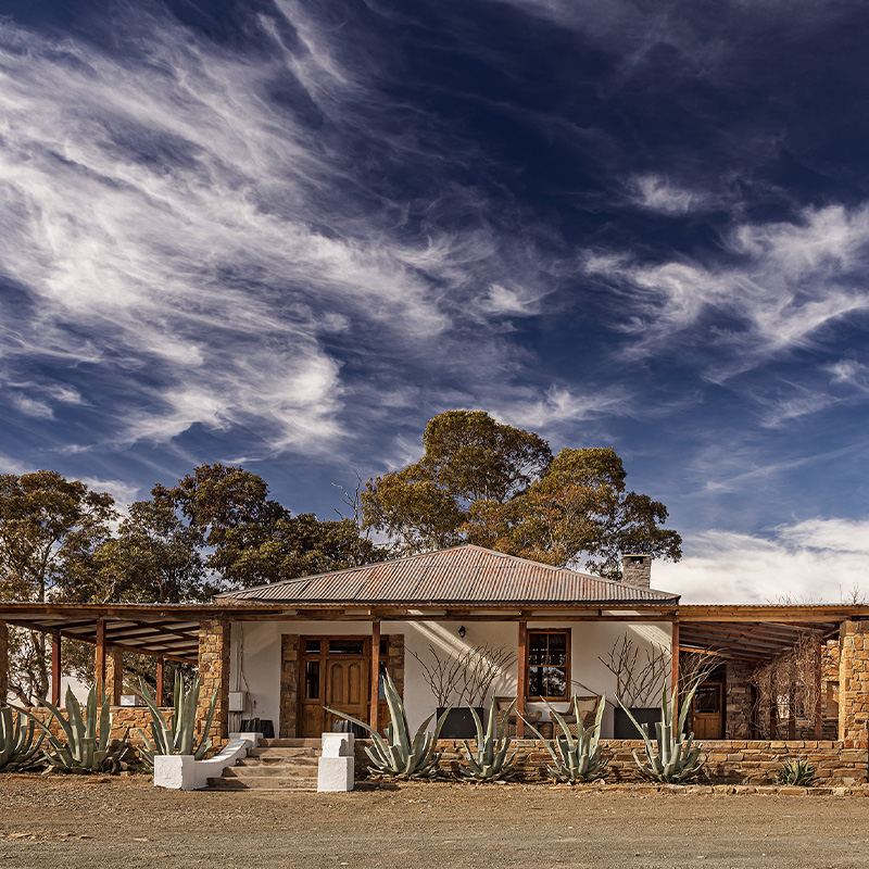 Perfect Hideaways- A rustic Karoo cottage with a corrugated metal roof, deep wraparound verandah, and stone pillars, framed by sculptural agave plants in the foreground. Warm honey-toned stonework contrasts with whitewashed walls, while tall trees rise behind the house under a dramatic sky streaked with wispy clouds. Karoo Cottage, Sneeuberg Nature Reserve, Eastern Cape, South Africa