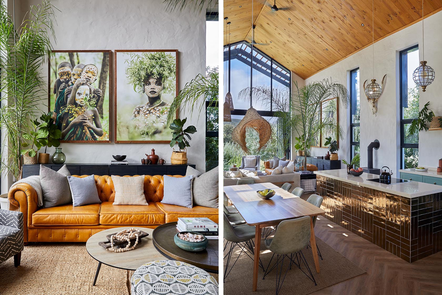 Perfect Hideaways - A stylish seating nook centred around striking portrait artworks and abundant greenery, paired with a wide view of the open-plan kitchen and dining area beneath a vaulted timber ceiling High Country Cottage_Wolseley_Cape Winelands_Western Cape_South Africa
