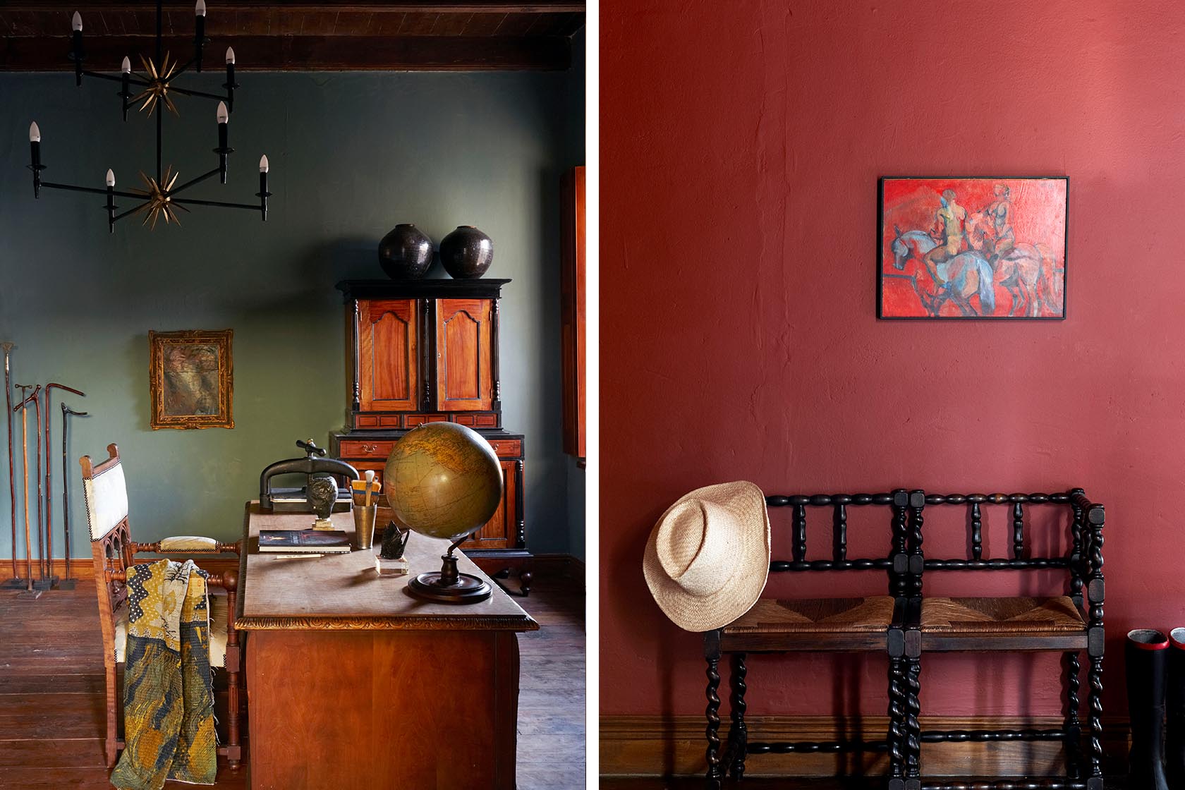 Perfect Hideaways- A stately study with dark green walls, antique wooden desk, globe, period furniture and brass chandeliers, creating a scholarly and timeless atmosphere Jonkmanshof, Montague, Western Cape, South Africa