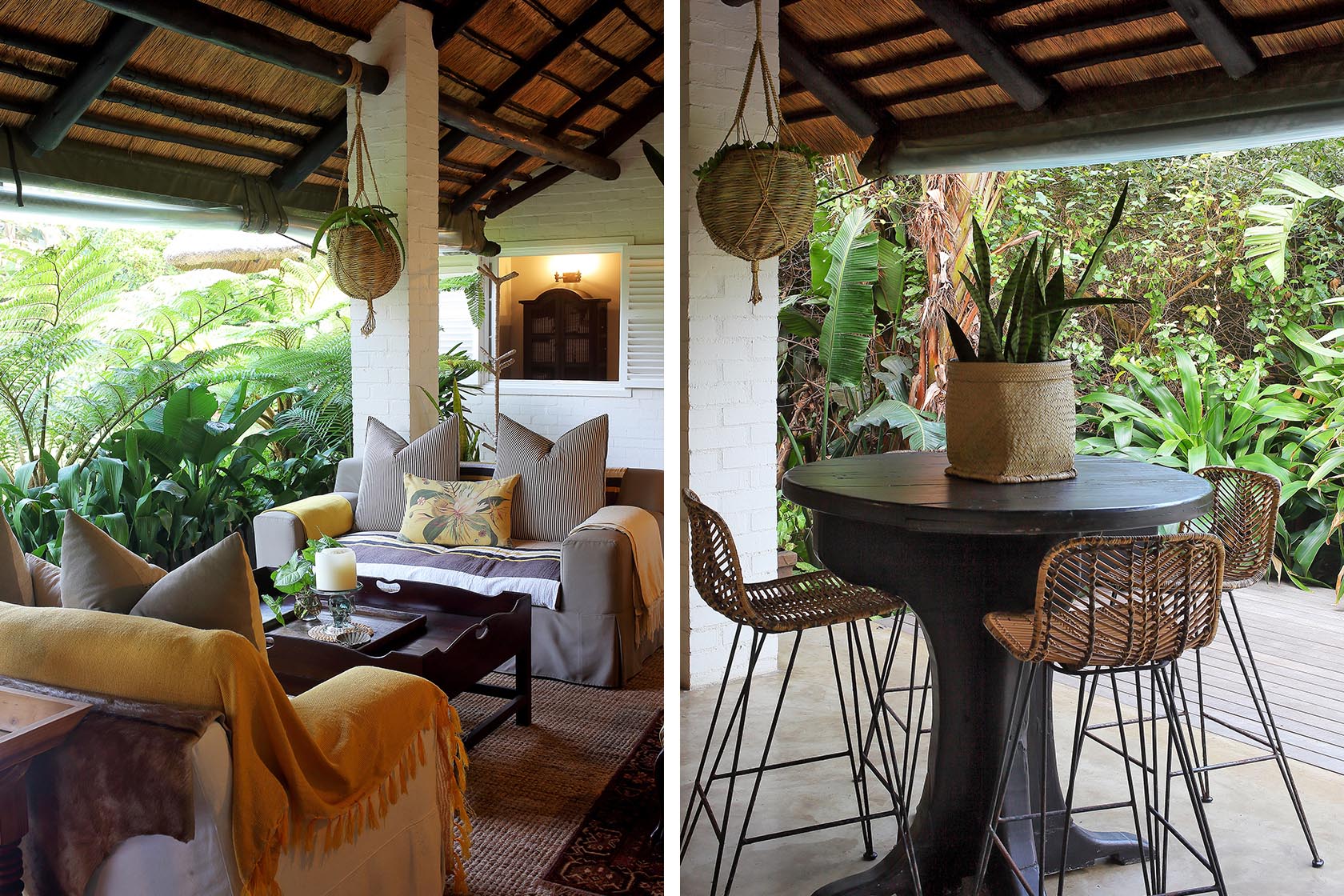 Perfect Hideaways- A covered veranda lounge with layered seating, soft cushions, hanging woven planters, and natural textures, opening onto lush tropical greenery cowrie Cottage, Dolphin Coast, Kwazulu- Natal, South Africa