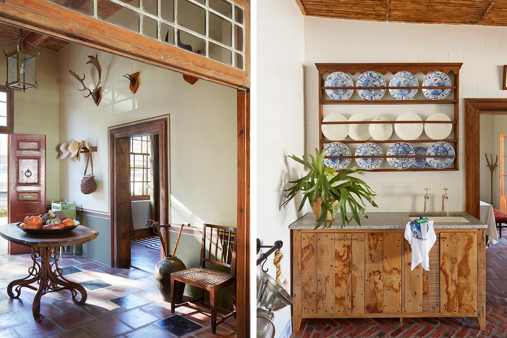 Perfect Hideaways- A welcoming entrance hall with tiled floors, a round wooden table holding pumpkins, antique chairs and warm natural light filtering through timber doors Jonkmanshof, Montague, Western Cape, South Africa