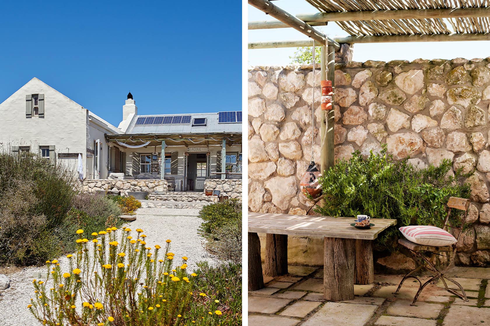 Perfect Hideaways cottage exterior and rustic courtyard seating, Seagull Cottage, Churchhaven