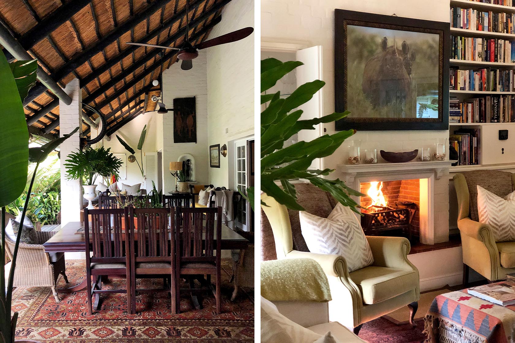 Perfect Hideaways- A cozy interior living space featuring armchairs, a lit fireplace, curated artwork, and bookshelves, creating a warm and inviting retreat atmosphere cowrie Cottage, Dolphin Coast, Kwazulu- Natal, South Africa