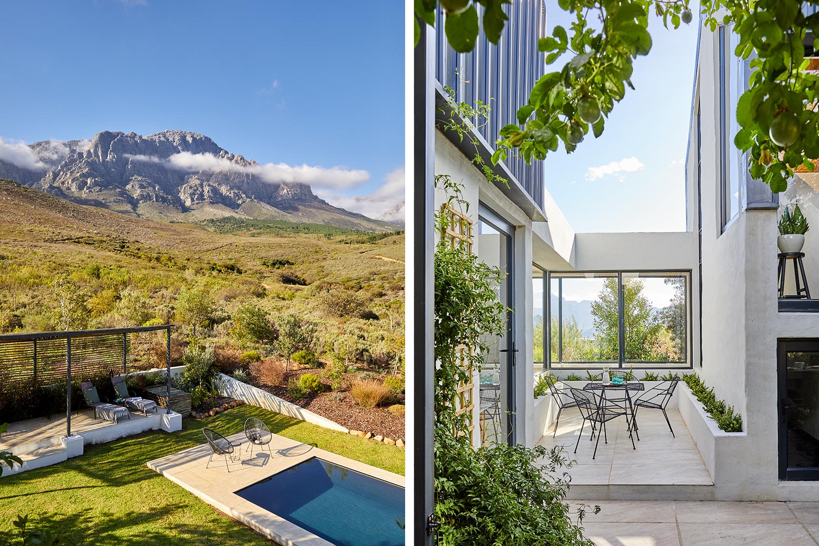 Perfect Hideaways - An elevated view of a pool terrace surrounded by lush fynbos and dramatic cloud-topped mountains, paired with a contemporary courtyard nook where black wire chairs sit beneath leafy vines and large picture windows framing the landscape High Country Cottage_Wolseley_Cape Winelands_Western Cape_South Africa
