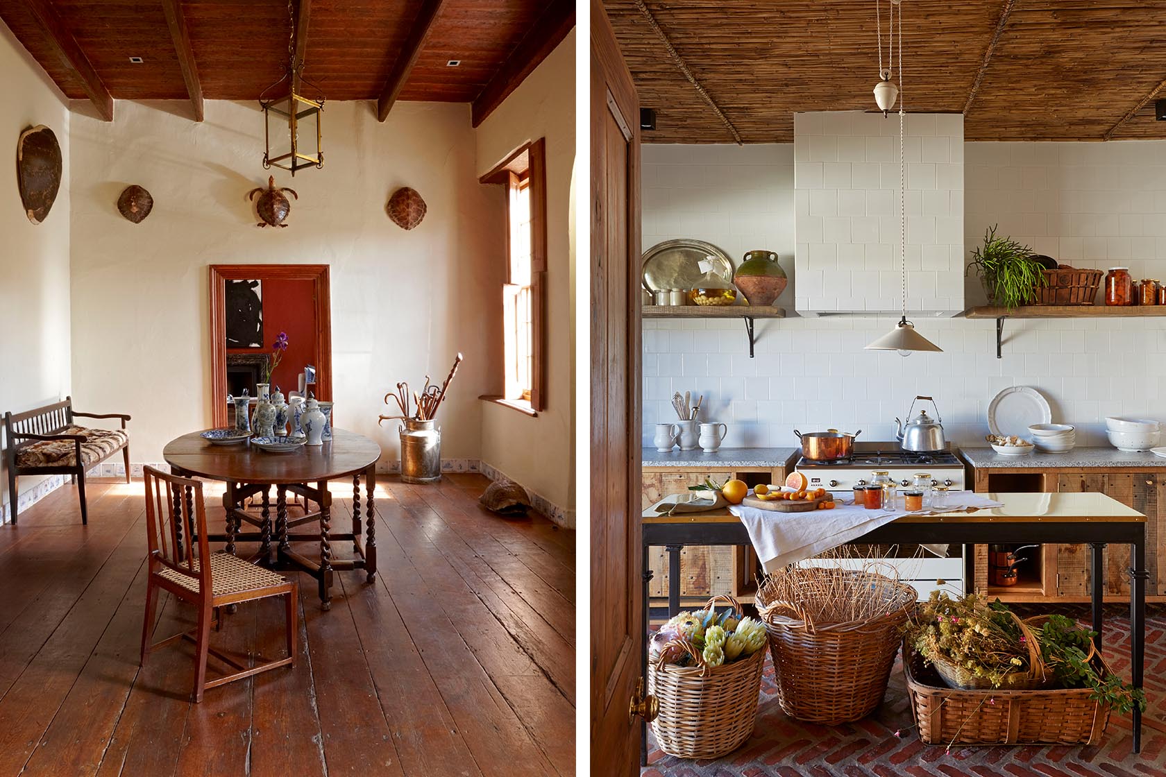 Perfect Hideaways- A rustic kitchen with wooden cabinetry, open shelving, white tiled walls and a central worktable topped with fresh produce and copper cookware Jonkmanshof, Montague, Western Cape, South Africa