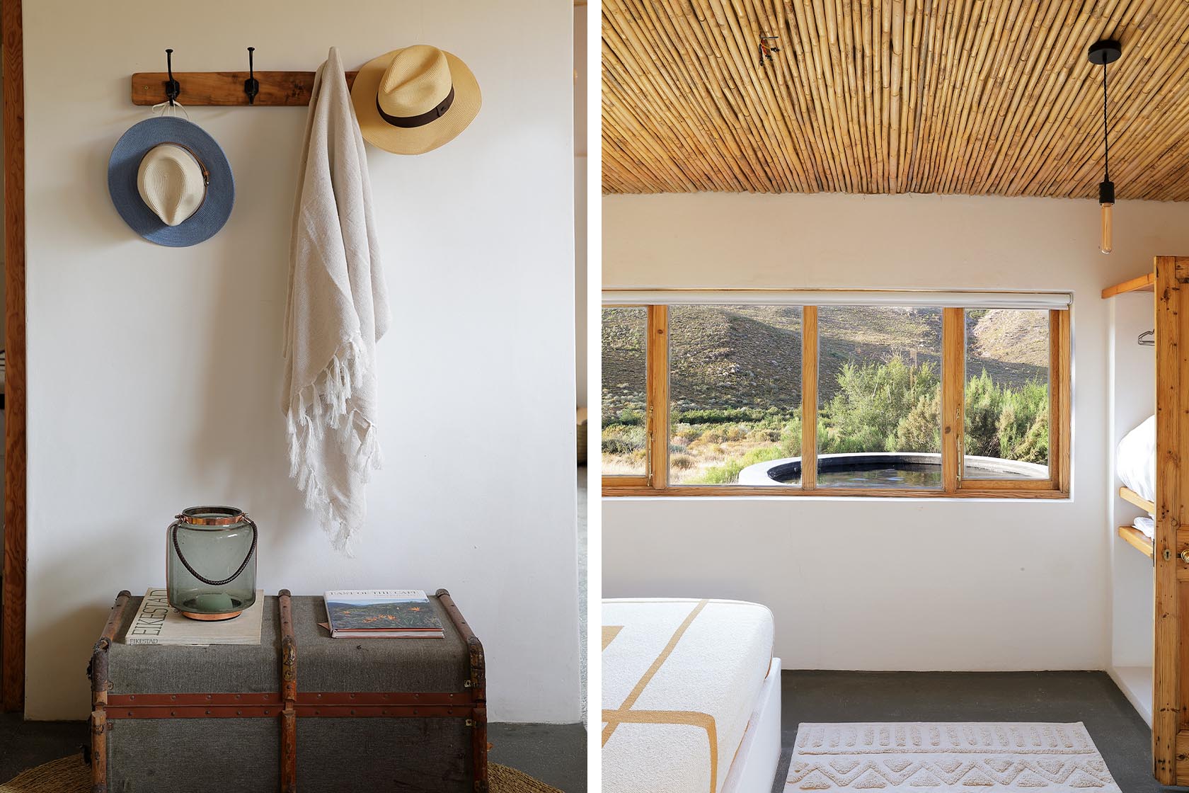 Perfect Hideaways – Two views: one showing hats and a linen throw hanging from a wooden peg rack above an antique trunk, and the other showing a bedroom window overlooking a round splash pool and natural Karoo vegetation. Sheperd's Cottage, Prince Albert