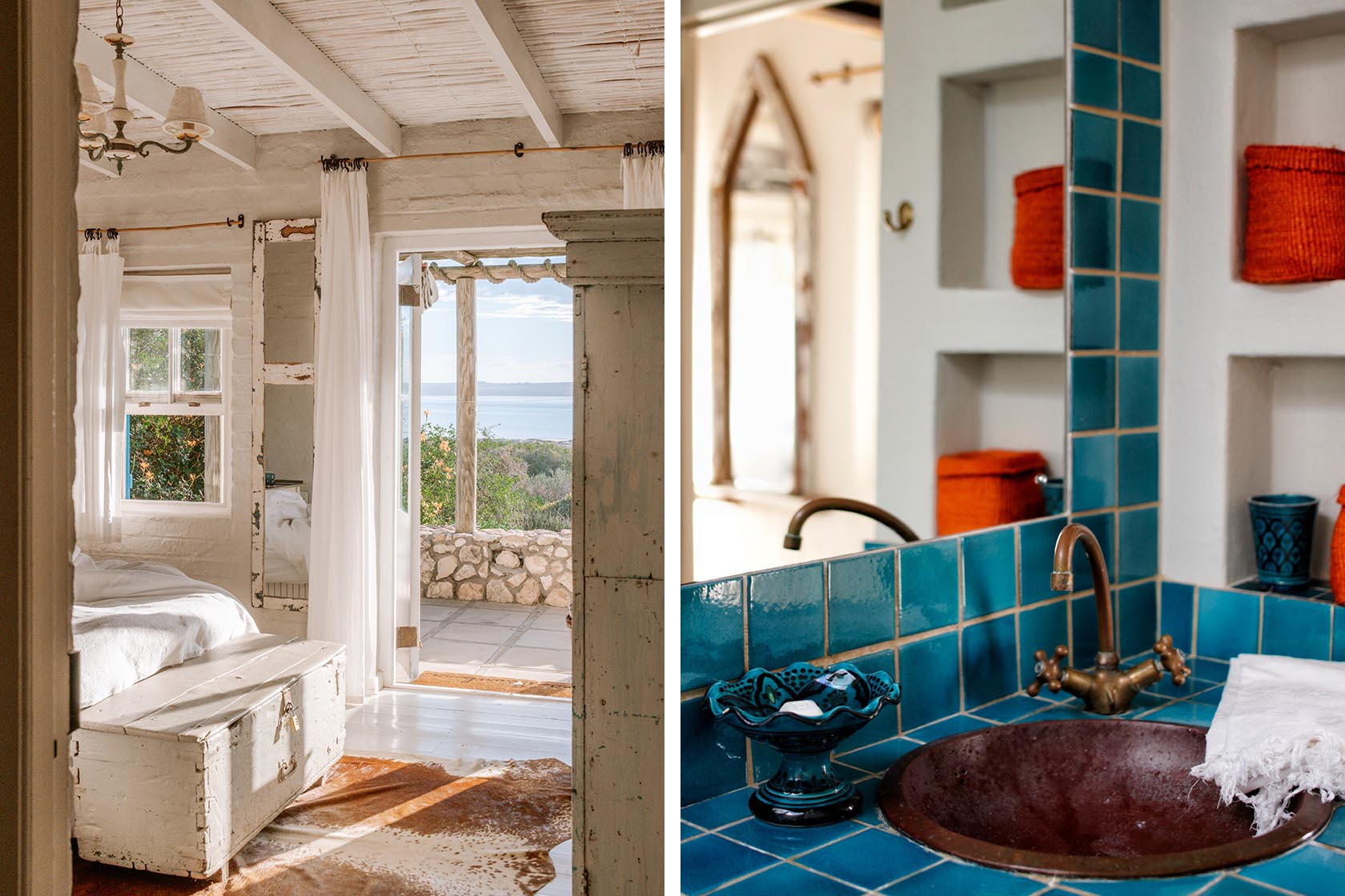 Perfect Hideaways - A light-filled bedroom with whitewashed beams, flowing curtains and views toward the lagoon, alongside a rustic bathroom detail featuring bold turquoise tiles and brass fittings Seagull Cottage_Churchhaven_West Coast_Western Cape_South Africa