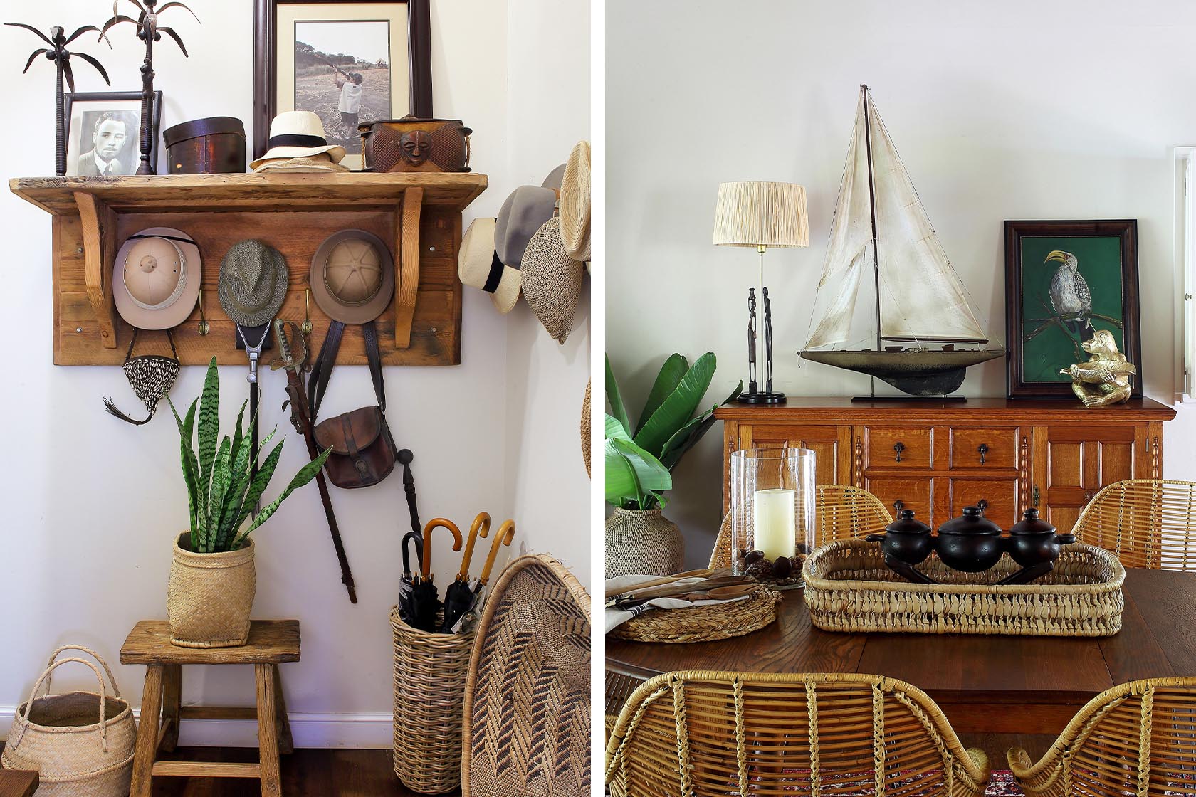 Perfect Hideaways- A curated interior vignette featuring a wooden wall shelf with hats, framed photographs, woven baskets, and coastal-inspired décor accents cowrie Cottage, Dolphin Coast, Kwazulu- Natal, South Africa