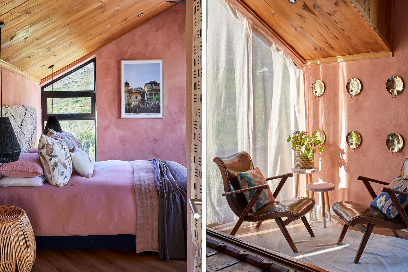 Perfect Hideaways - A cosy bedroom with terracotta plastered walls, wooden ceiling, layered pink and neutral linens and artisan décor, paired with a sunlit reading corner featuring leather armchairs, woven accents and brass wall sconces High Country Cottage_Wolseley_Cape Winelands_Western Cape_South Africa