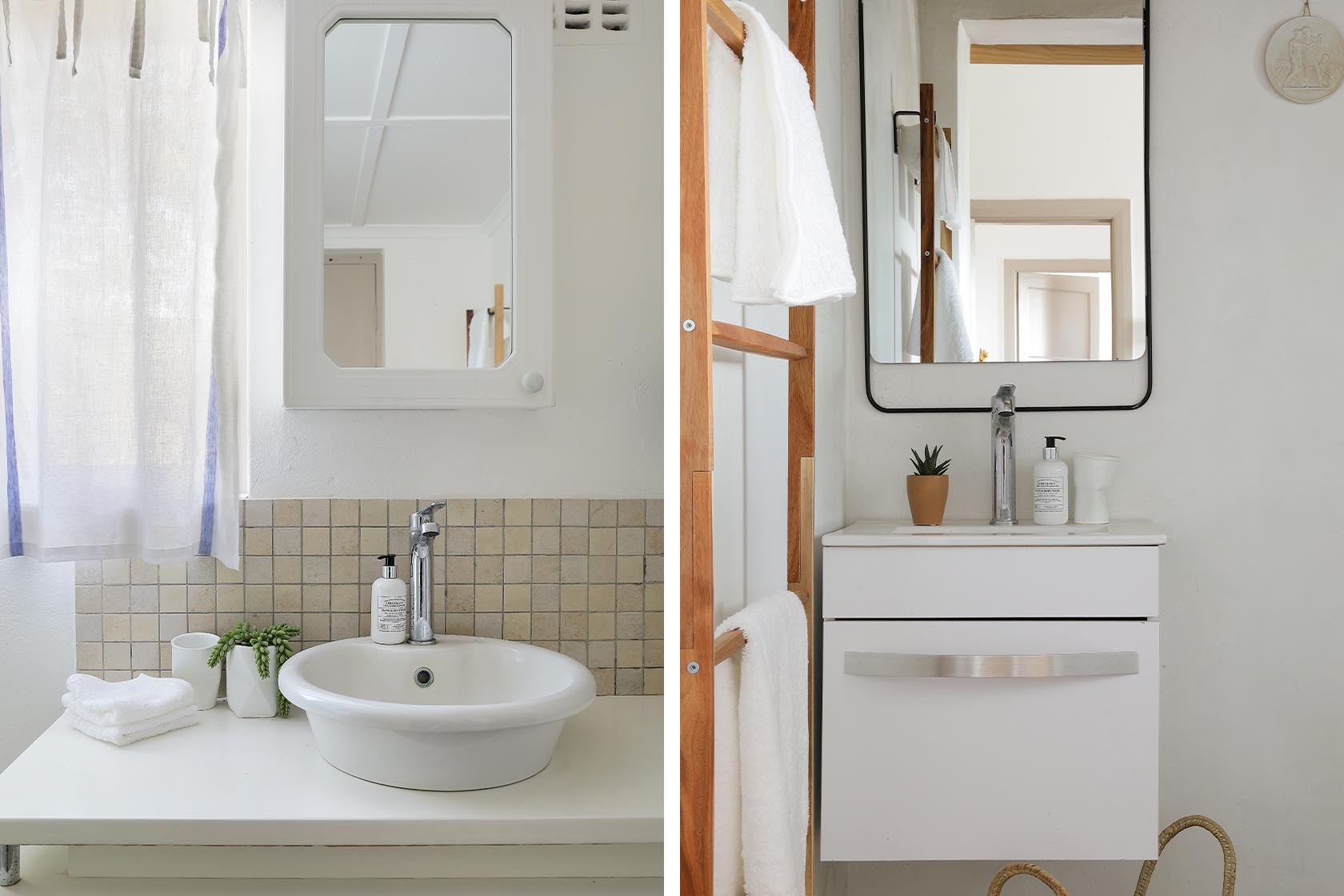 Perfect Hideaways – A bright and simple bathroom scene featuring a round white basin, small mosaic tiles as a backsplash, and a clean white cabinet mirror above. Soft natural light filters through sheer curtains, highlighting minimal accessories like folded towels, a soap dispenser, and small potted plants. Berit’s Cottage, Churchhaven, South Africa.