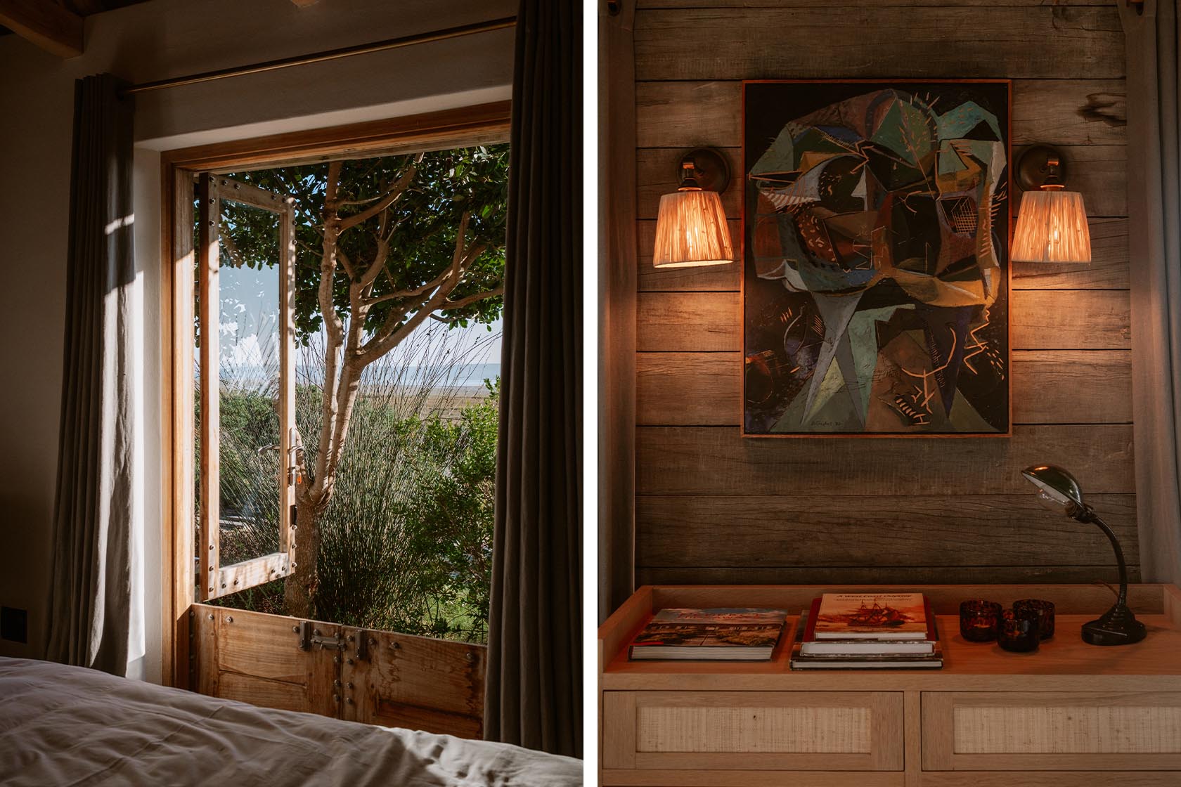 Perfect Hideaways- Serene bedroom interior with an open wooden window framing leafy trees and distant lagoon views, soft curtains and white bedding creating a calm coastal retreat, Yellowwood Cottage, Churchhaven, Western Cape, South Africa