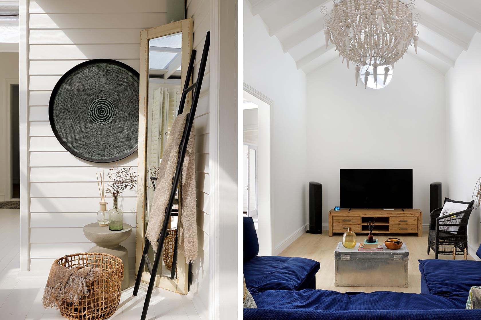 Perfect Hideaways - Decorative interior corner with woven basket, ladder and mirror accents, combined with a bright TV lounge featuring vaulted ceilings, chandelier lighting and relaxed coastal seating Cape Cottage_Yzerfontein_West Coast_Western Cape_South Africa