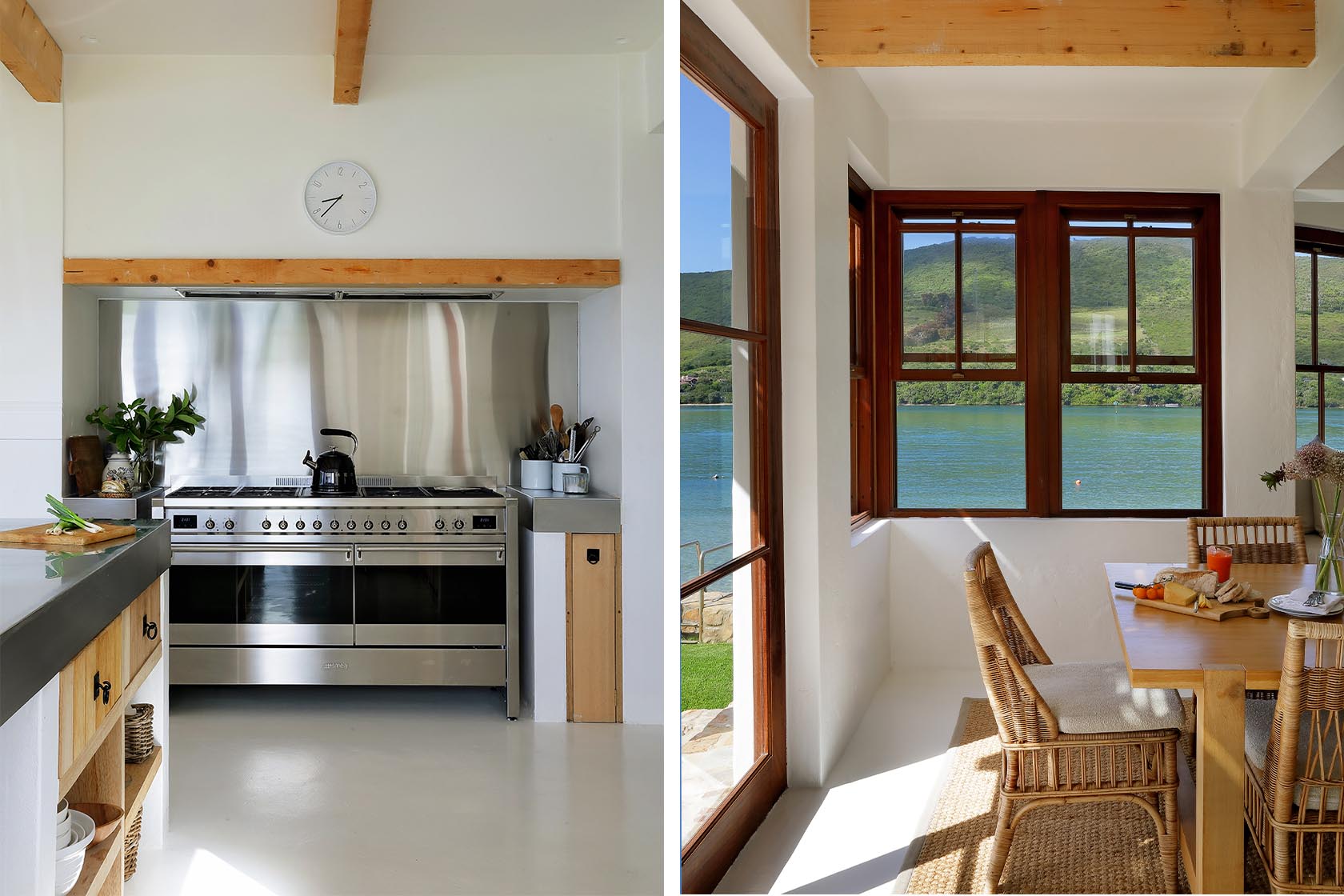 Perfect Hideaways: Professional stainless-steel range with clocked hood and warm timber detailing in a crisp white kitchen, Knysna, Tides Reach