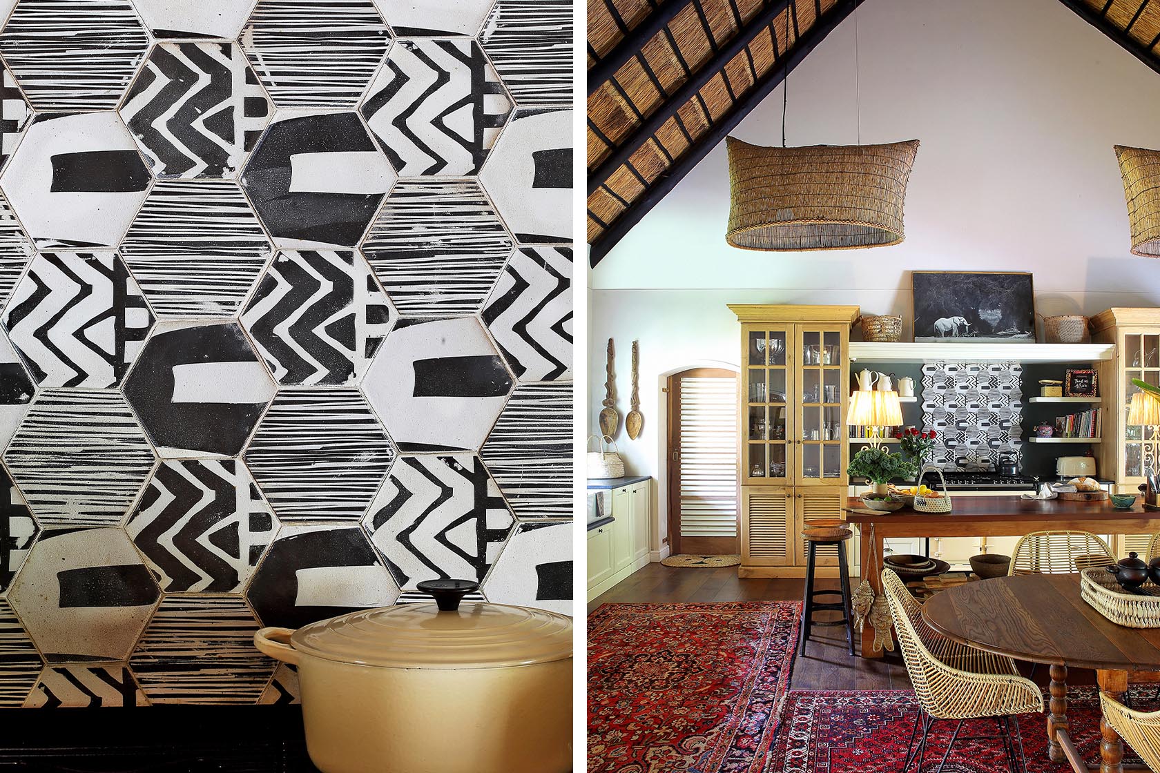 Perfect Hideaways- A bold black-and-white geometric tile backsplash detail paired with a neutral enamel pot, highlighting artisanal design elements cowrie Cottage, Dolphin Coast, Kwazulu- Natal, South Africa