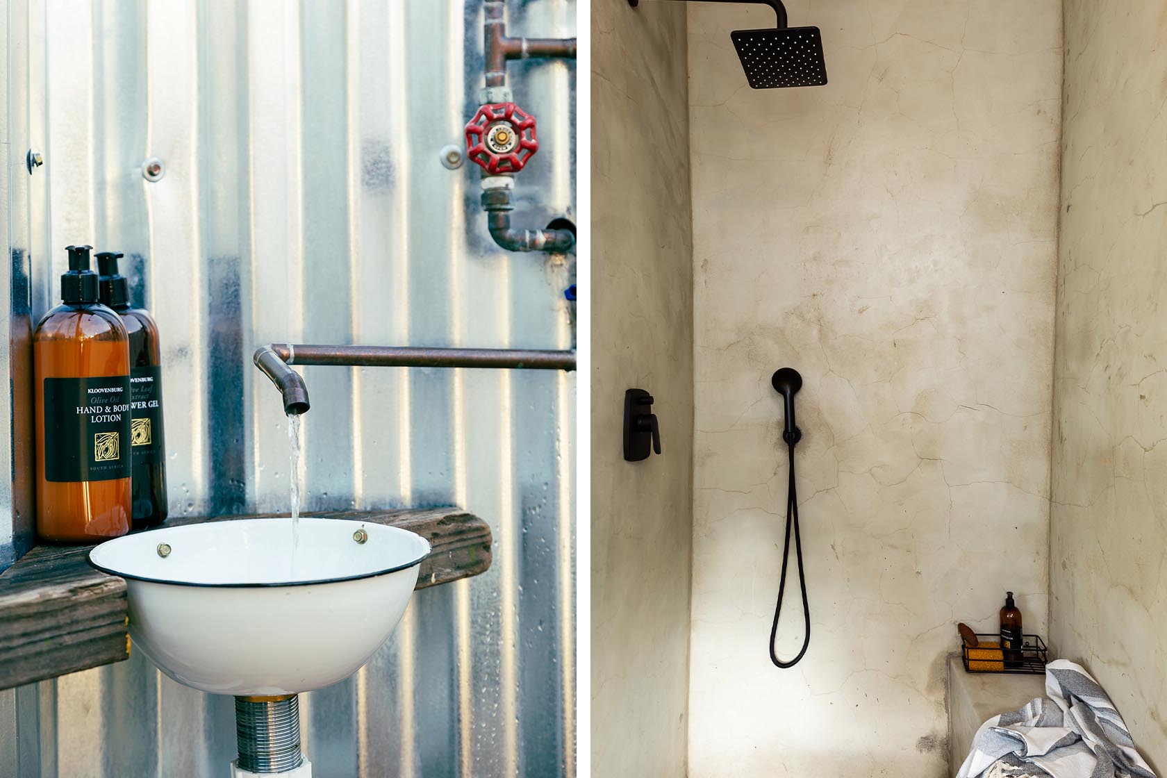 Perfect Hideaways-Outdoor washbasin with enamel bowl sink, exposed piping, corrugated metal backdrop, and toiletries styled on a rustic wooden shelf Valley Cottage, Riebeek Casteel, Western Cape, South Africa