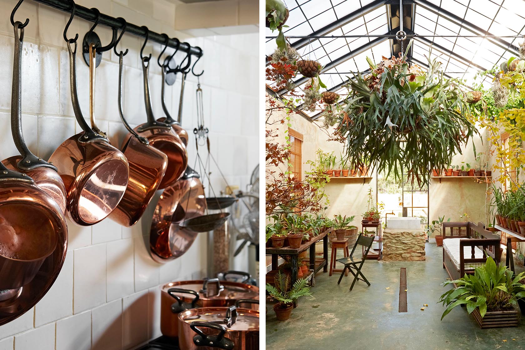 Perfect Hideaways- A close-up of polished copper pots and ladles hanging neatly from black hooks against glossy white tiled walls in a traditional kitchen Jonkmanshof, Montague, Western Cape, South Africa