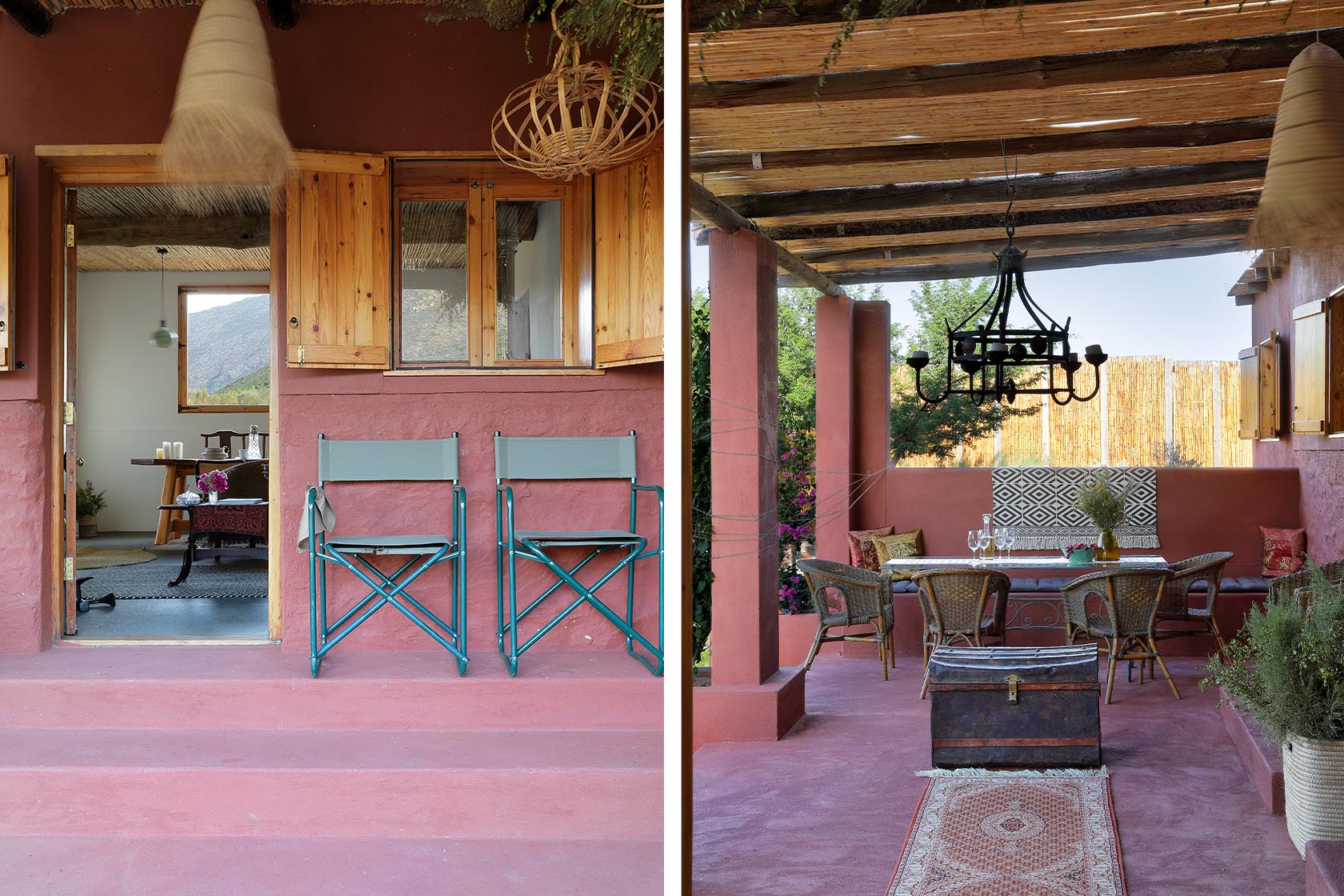 Perfect Hideaways – A shaded stoep with terracotta-toned walls and wooden shutters opens into the cottage’s interior. Two canvas director’s chairs sit on the steps. The adjoining image shows an outdoor dining area under a bamboo pergola, with a long table, woven chairs, patterned cushions, and a wrought-iron chandelier. Sheperd's Cottage, Prince Albert