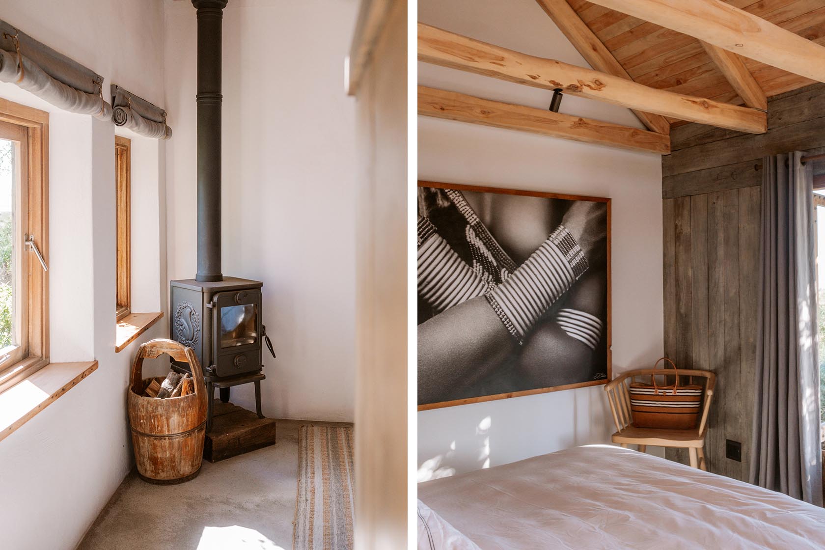 Perfect Hideaways- Minimal bedroom corner with a wood-burning stove, tall flue, firewood bucket and narrow windows letting in gentle natural light, Yellowwood Cottage, Churchhaven, Western Cape, South Africa