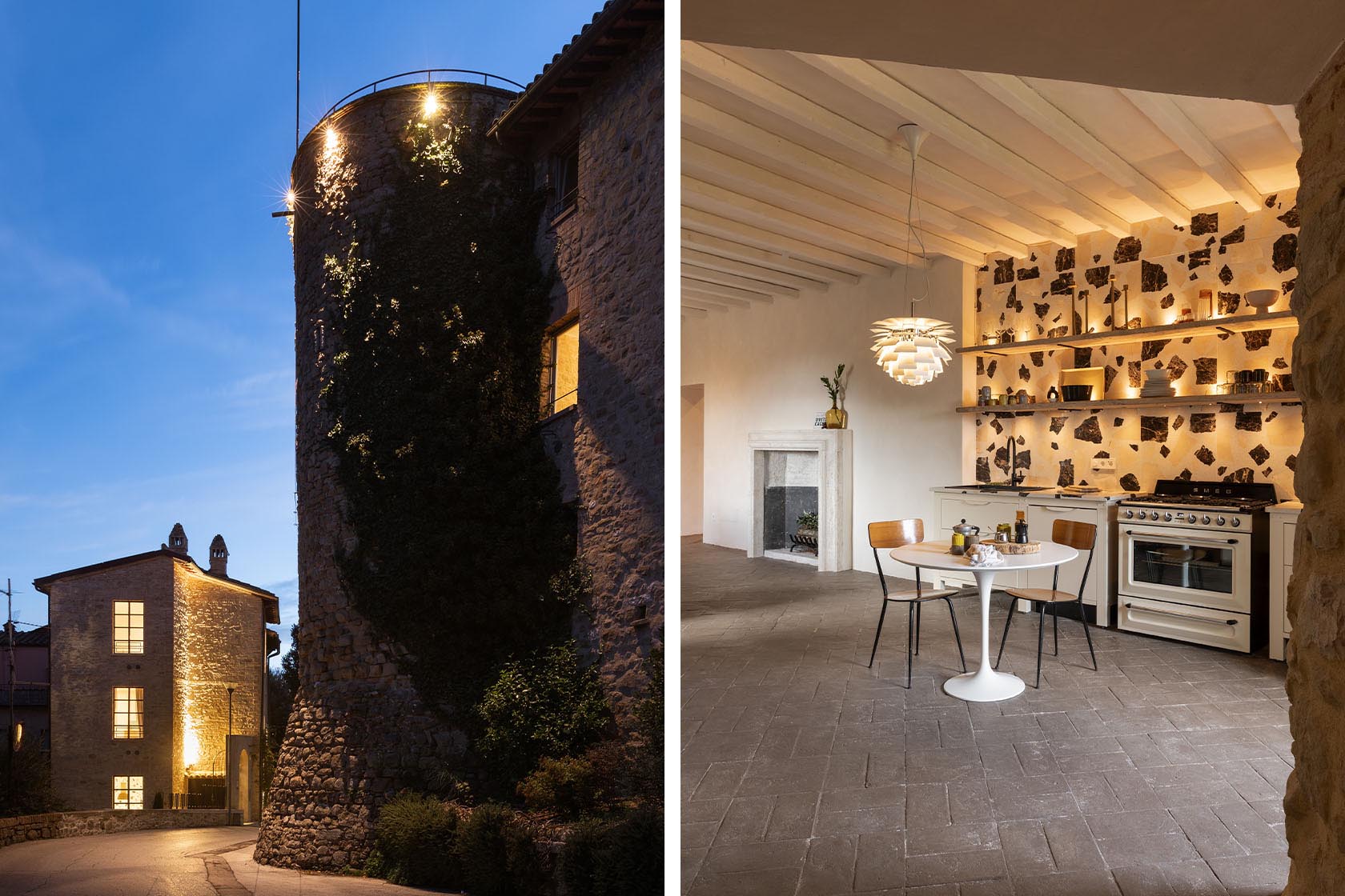 Perfect Hideaways modern lounge with terrazzo staircase beside a stylish bathroom vanity with rustic wooden door, Umbria Cottage, Collazzone