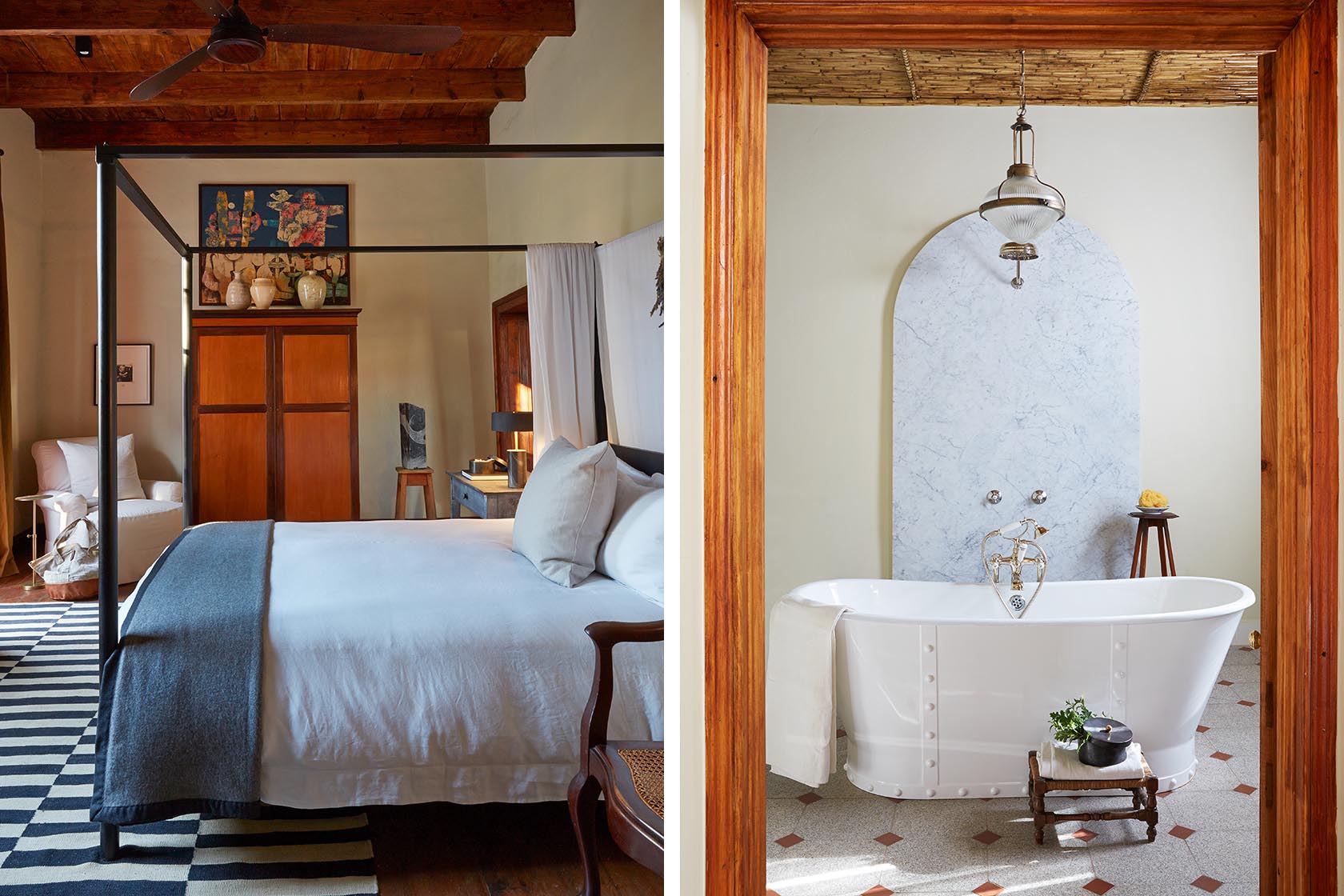 Perfect Hideaways- A serene bedroom with a four-poster bed dressed in crisp white linen, exposed wooden ceilings, antique furniture and a patterned rug grounding the space Jonkmanshof, Montague, Western Cape, South Africa