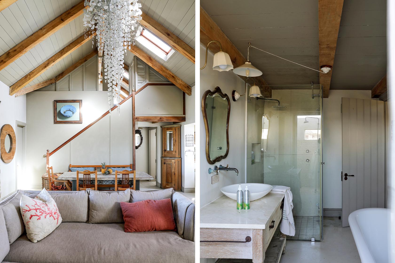 Perfect Hideaways–Loft bedroom with exposed beams, soft green cabinetry, and three single beds tucked under the eaves. Church Cottage, Churchhaven, South Africa