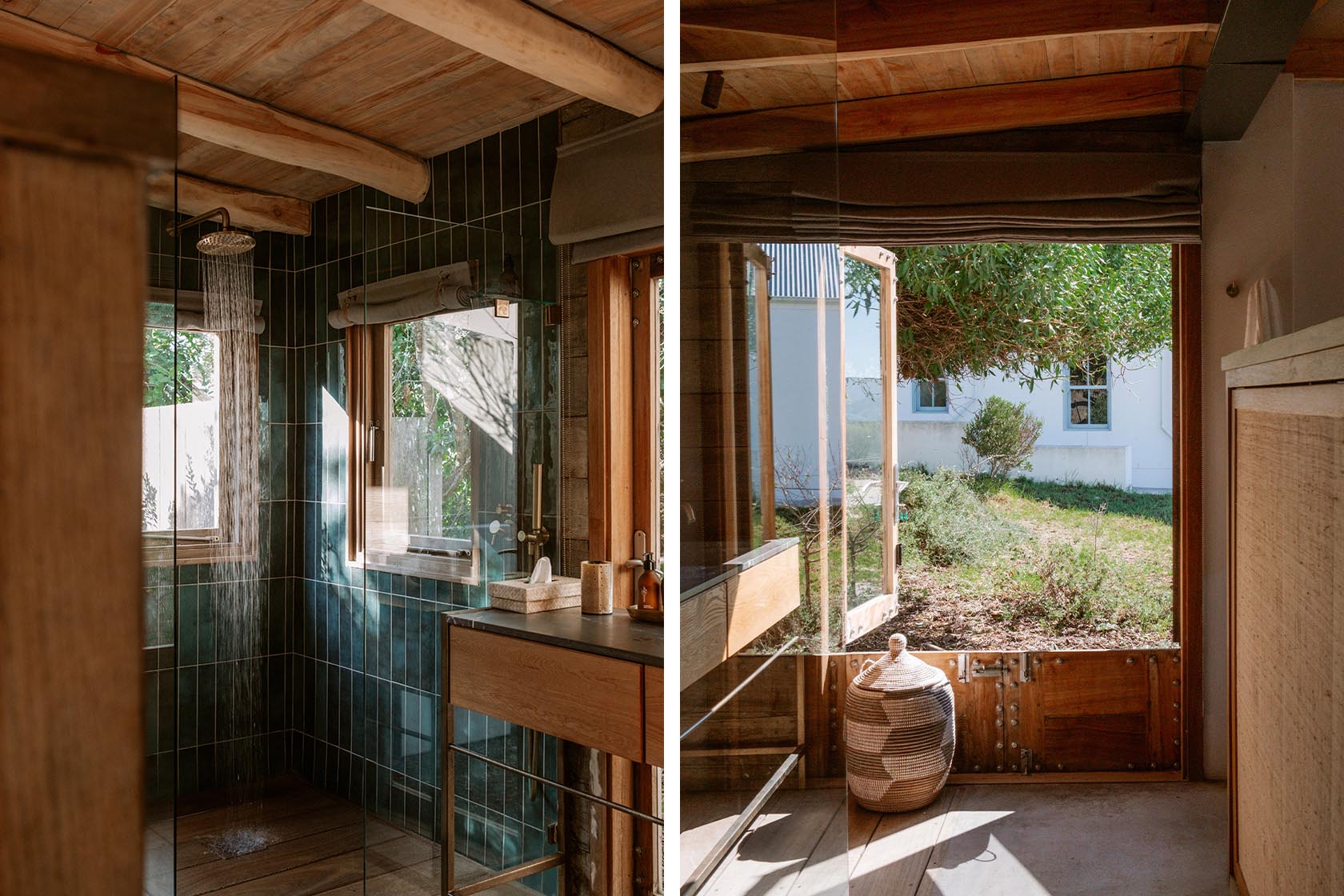 Perfect Hideaways- Bathroom with a walk-in glass shower, deep green tiled walls, wooden vanity and window overlooking greenery, blending rustic and modern design, Yellowwood Cottage, Churchhaven, Western Cape, South Africa
