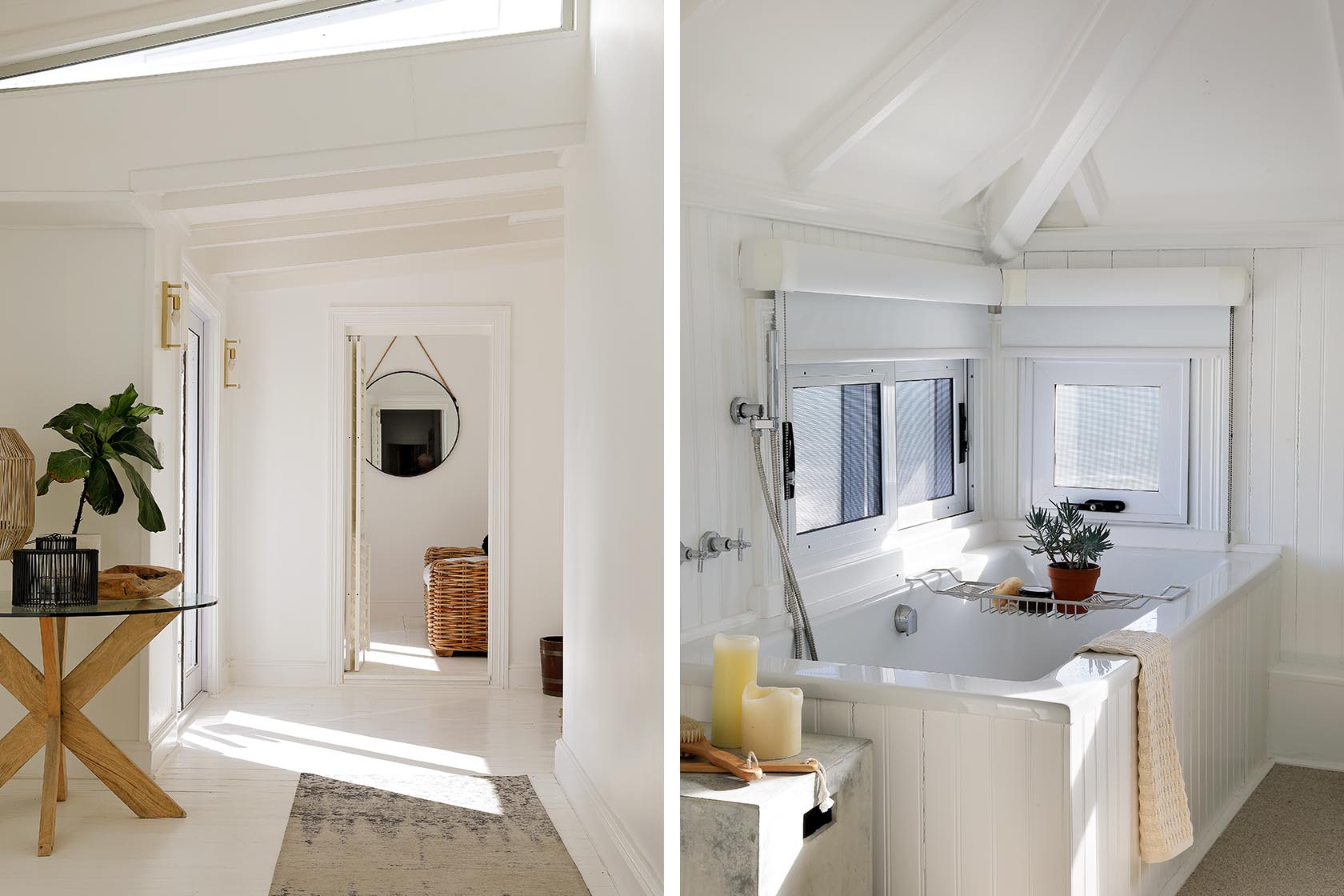 Perfect Hideaways - Sunlit hallway with white floors and natural wood console table, paired with a bathroom soaking tub beneath pitched ceilings and soft coastal décor Cape Cottage_Yzerfontein_West Coast_Western Cape_South Africa