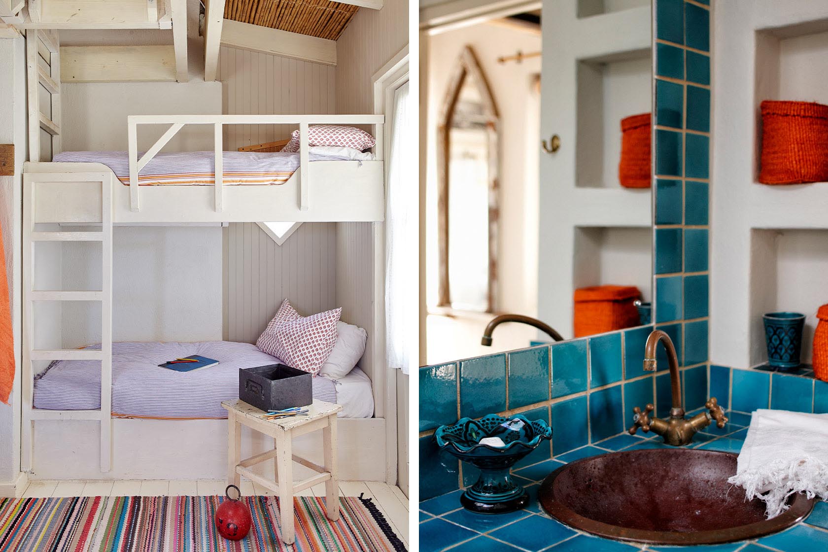 Perfect Hideaways cosy bunk room and turquoise tiled bathroom, Seagull Cottage, Churchhaven