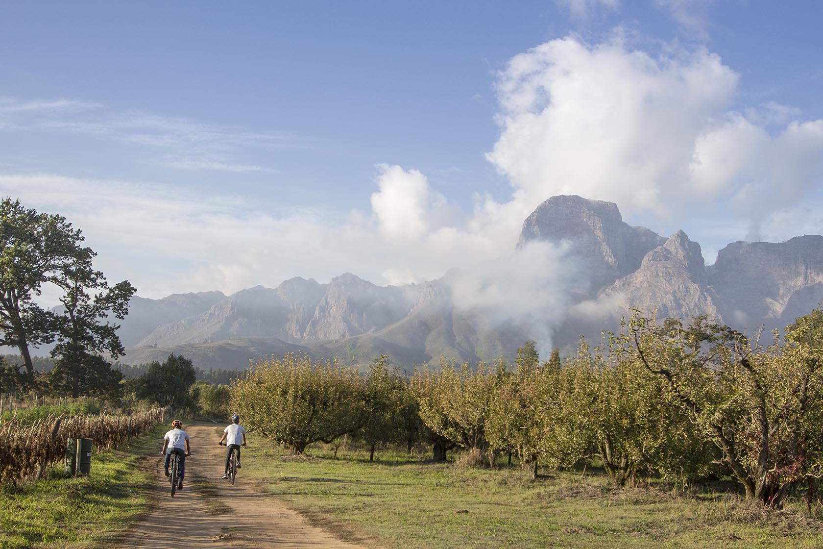 Perfect Hideaways – Two cyclists ride along a dirt track between orchards, with dramatic cloud-draped mountains rising ahead under a soft blue sky – Cottage 1685, Franschhoek, Western Cape, South Africa