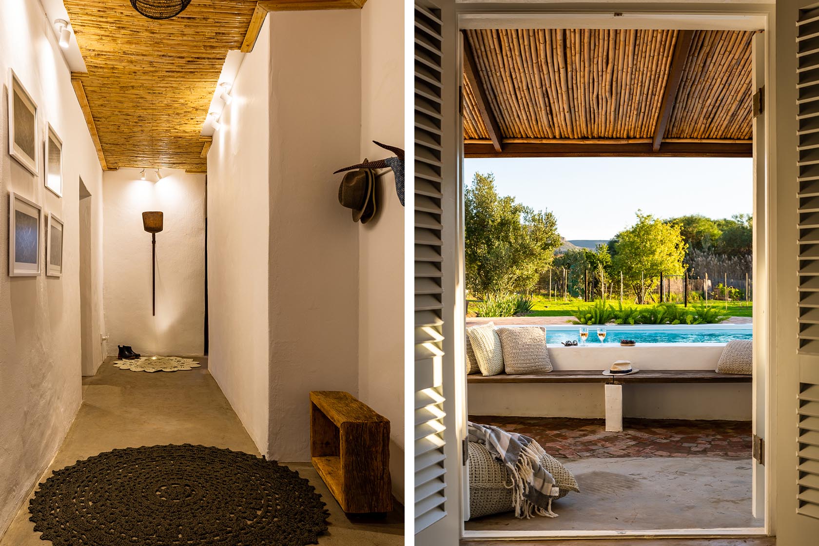 Perfect Hideaways-Interior passageway with whitewashed walls, framed artwork, woven rug, and a glimpse through shuttered doors toward the outdoor pool and garden beyond Valley Cottage, Riebeek Casteel, Western Cape, South Africa