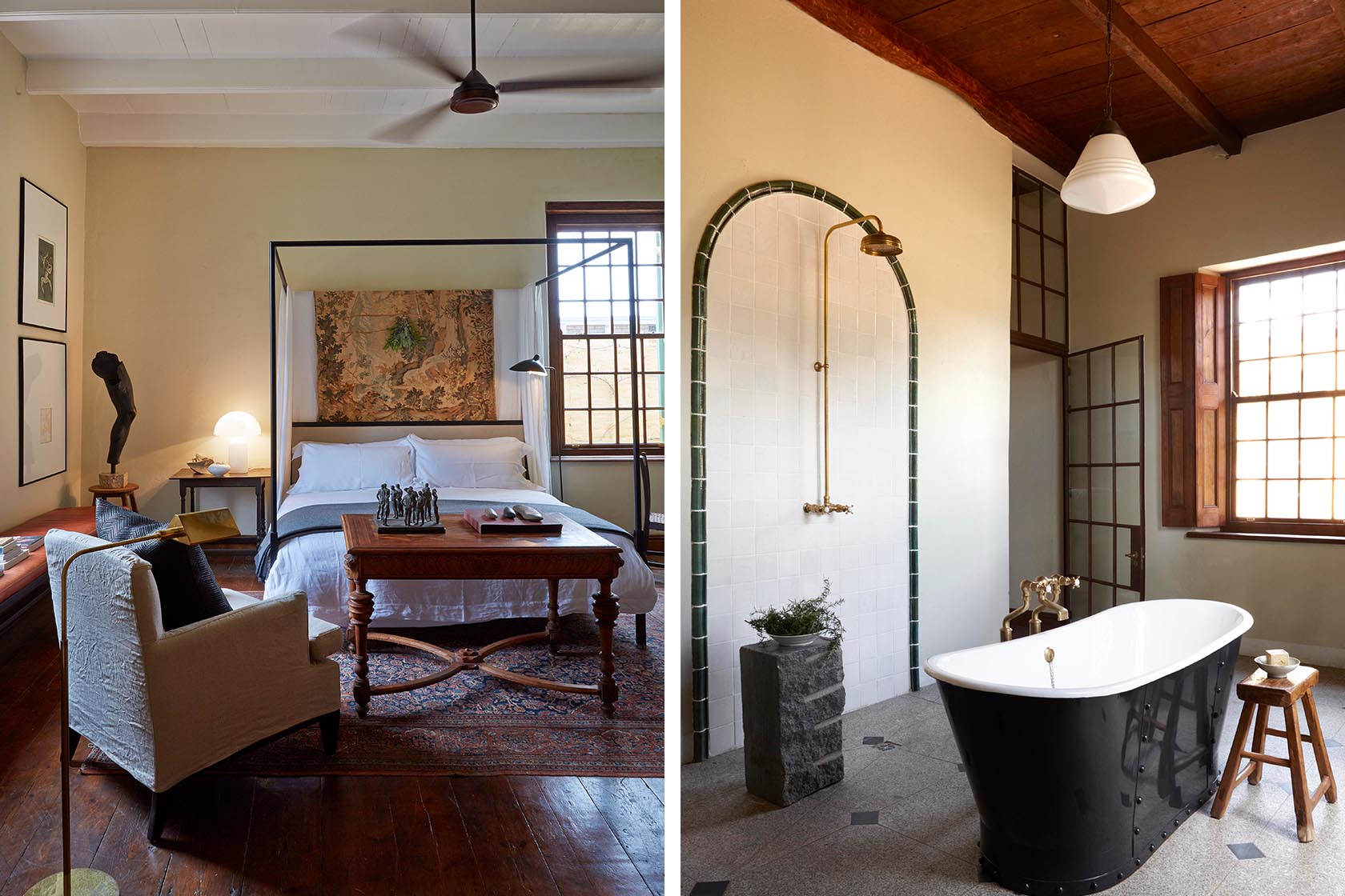 Perfect Hideaways- A refined bedroom with a four-poster bed, tapestry-style headboard, antique desk and chair, layered rugs and warm wooden floors Jonkmanshof, Montague, Western Cape, South Africa