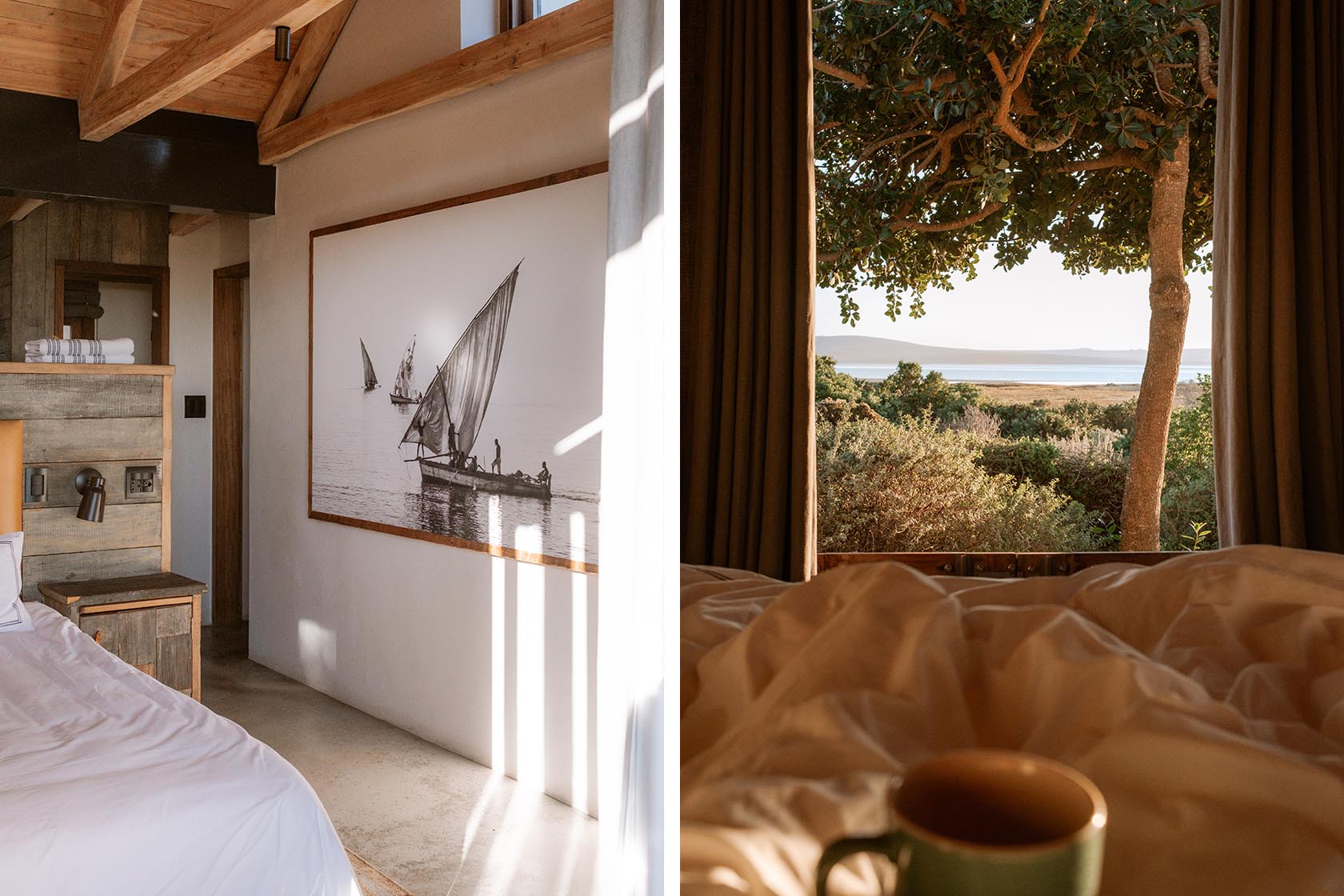 Perfect Hideaways- Peaceful bedroom scene with white bedding, timber accents and a framed photograph of sailboats on calm water, bathed in soft afternoon light, Yellowwood Cottage, Churchhaven, Western Cape, South Africa