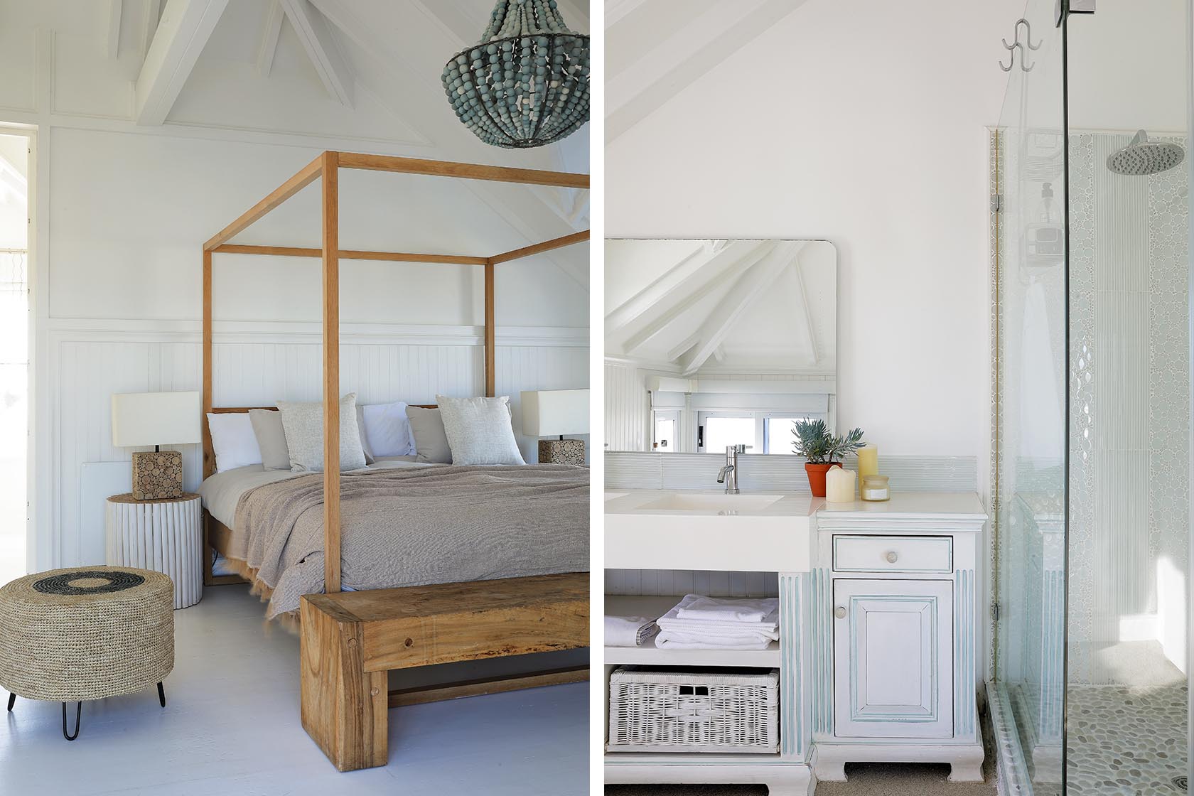 Perfect Hideaways - Elegant four-poster bedroom with neutral linens and timber details, combined with a fresh bathroom featuring a white vanity and glass-enclosed shower Cape Cottage_Yzerfontein_West Coast_Western Cape_South Africa