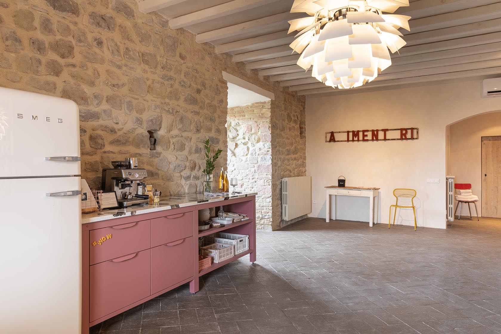 Perfect Hideaways spacious stone kitchen with vintage fridge and contemporary lighting, Umbria Cottage, Collazzone