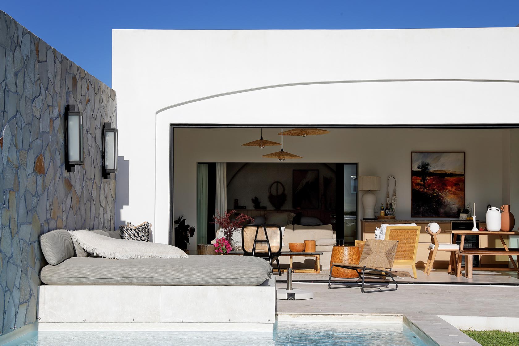 Perfect Hideaways private pool terrace with cushioned daybed and open-plan living space beyond, Soudt, Kleinmond