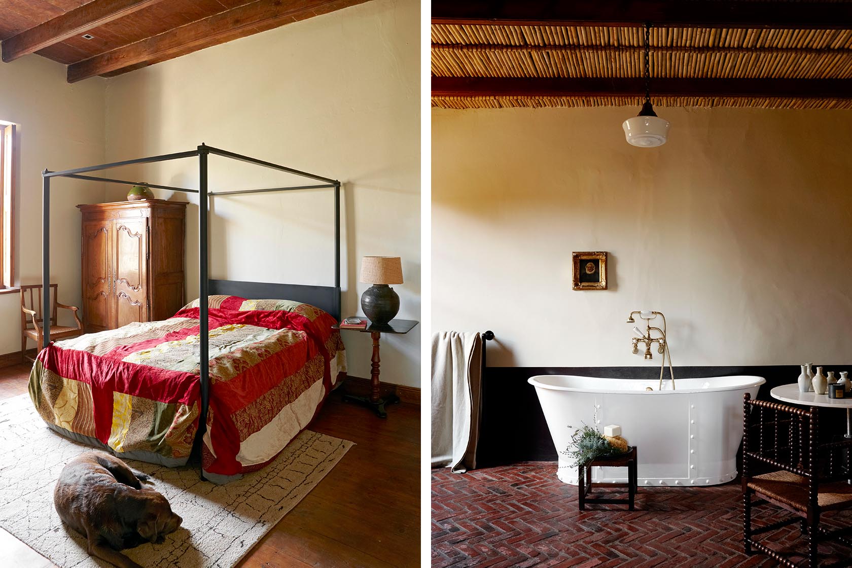 Perfect Hideaways- A cosy bedroom with a black four-poster bed dressed in a colourful patchwork quilt, antique wardrobe, wooden floors and a dog resting on a rug Jonkmanshof, Montague, Western Cape, South Africa