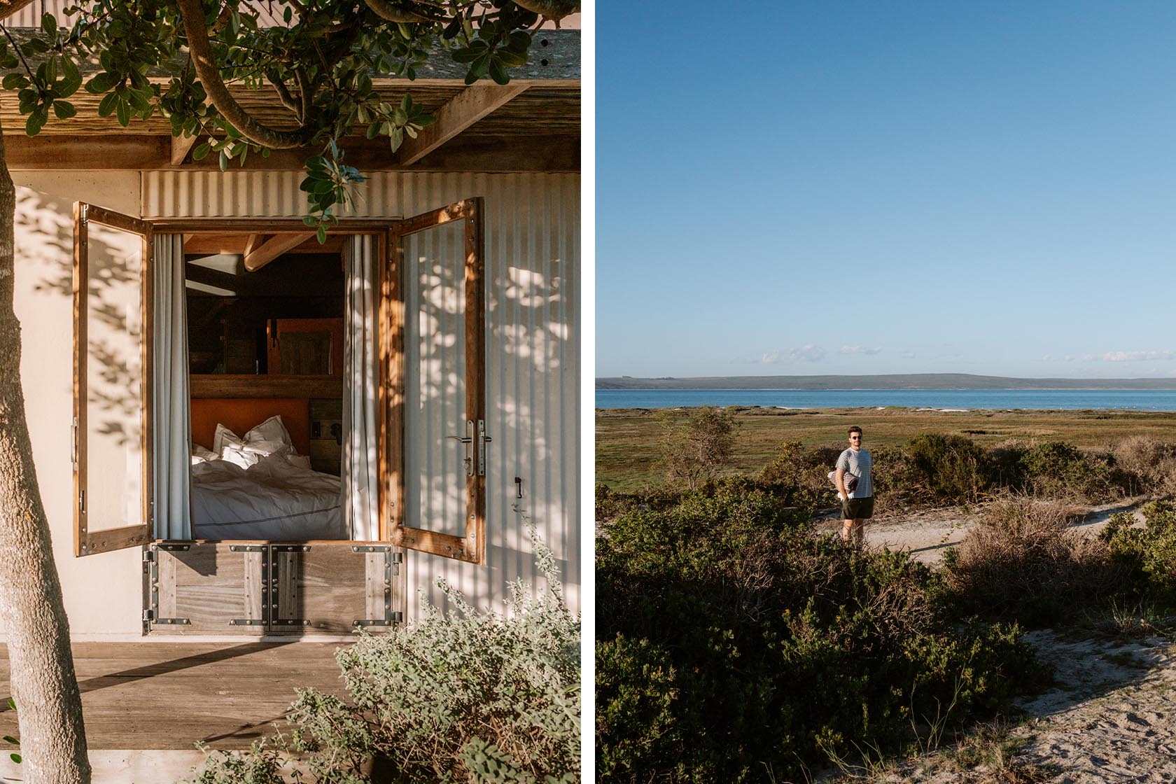 Perfect Hideaways- Exterior bedroom view with open wooden doors revealing a cosy interior, surrounded by coastal vegetation and dappled sunlight, Yellowwood Cottage, Churchhaven, Western Cape, South Africa