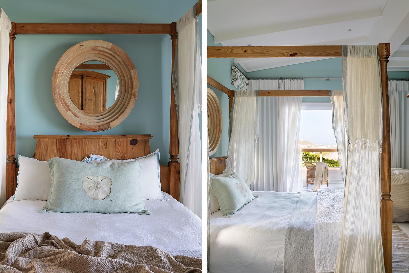 Perfect Hideaways - Coastal bedroom styled in soft blue and white tones with timber four-poster bed, paired with an adjoining sleeping area framed by sheer curtains and gentle natural light Cape Cottage_Yzerfontein_West Coast_Western Cape_South Africa