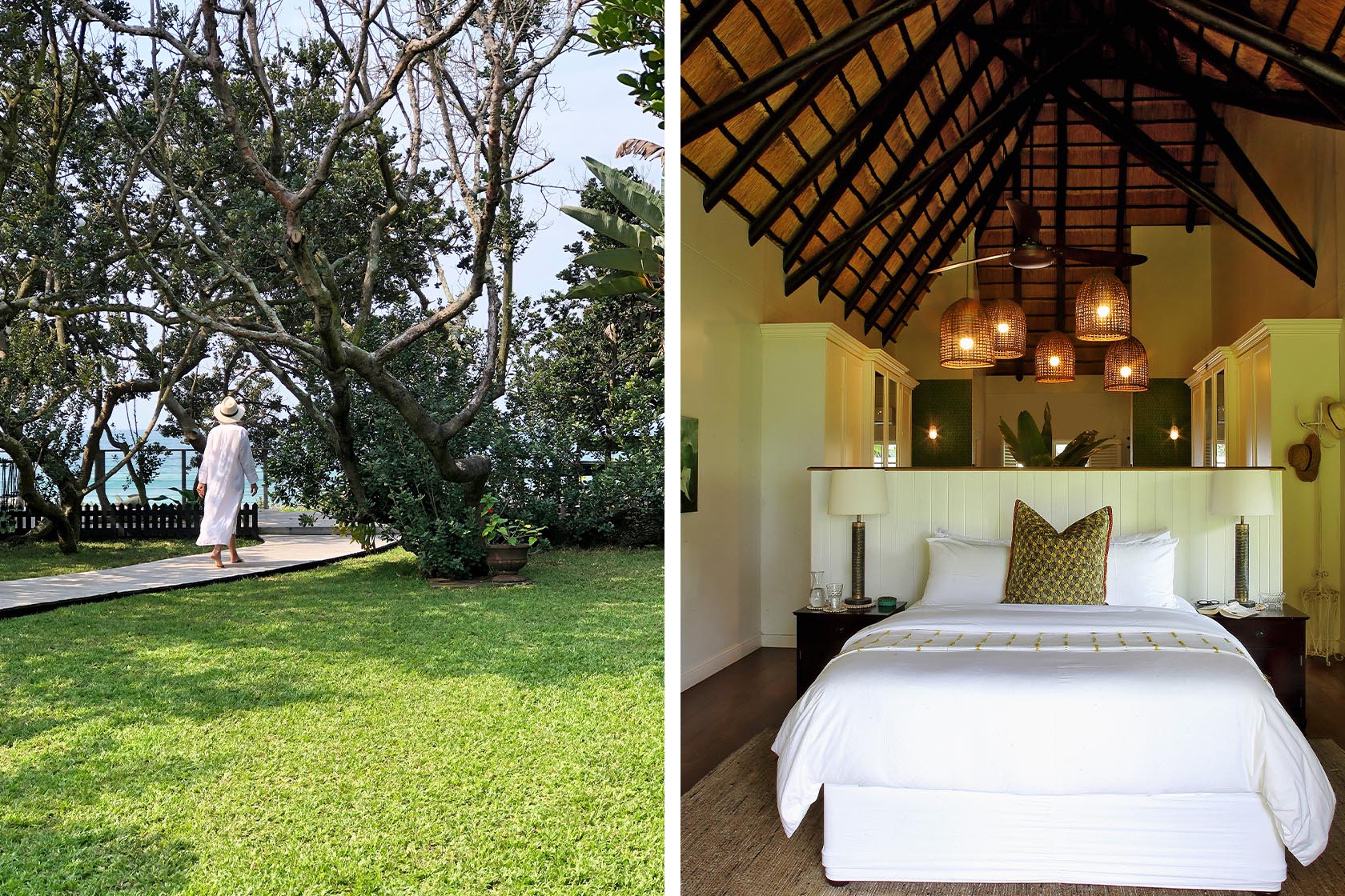 Perfect Hideaways- A tranquil garden scene with a guest in a white robe walking along a wooden path beneath mature trees toward the ocean cowrie Cottage, Dolphin Coast, Kwazulu- Natal, South Africa