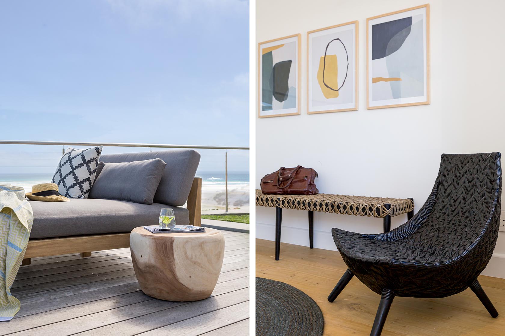 Perfect Hideaways - Split view combining an outdoor deck sofa with ocean backdrop and an indoor seating area with woven bench, accent chair and curated artwork Noordhoek Seashore_Noordhoek_Southern Peninsula_Cape Town_Western Cape_South Africa