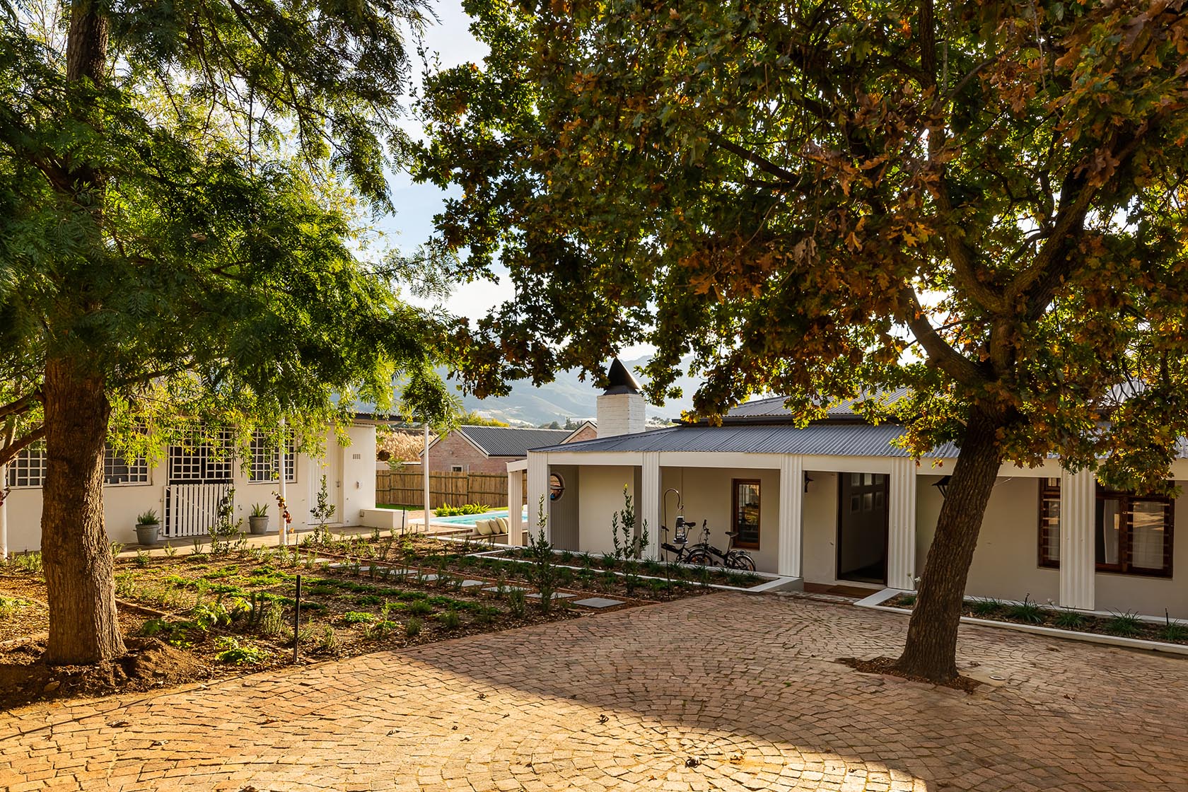 Perfect Hideaways-Tree-lined garden approach with cobbled driveway leading to the cottage buildings, dappled sunlight filtering through mature trees Valley Cottage, Riebeek Casteel, Western Cape, South Africa
