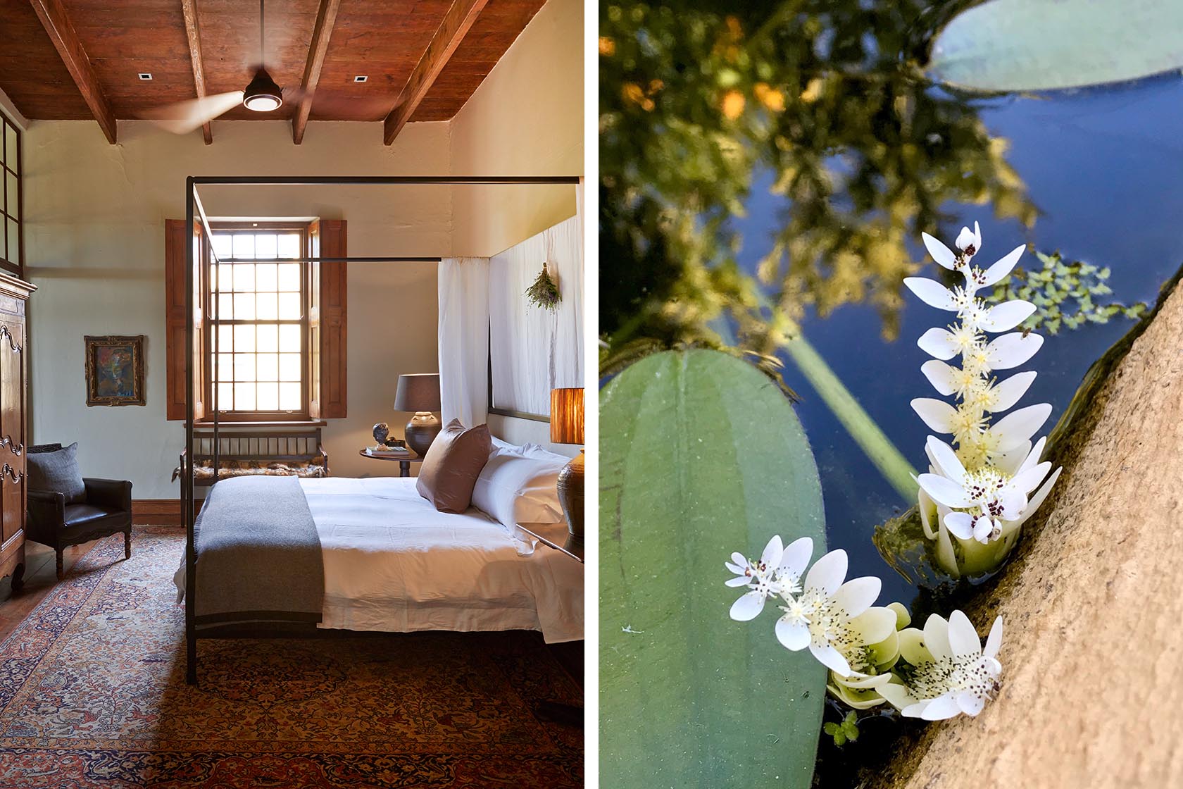 Perfect Hideaways- A peaceful bedroom with a four-poster bed, white linen, antique furniture, patterned rugs and soft daylight filtering through wooden shutters Jonkmanshof, Montague, Western Cape, South Africa
