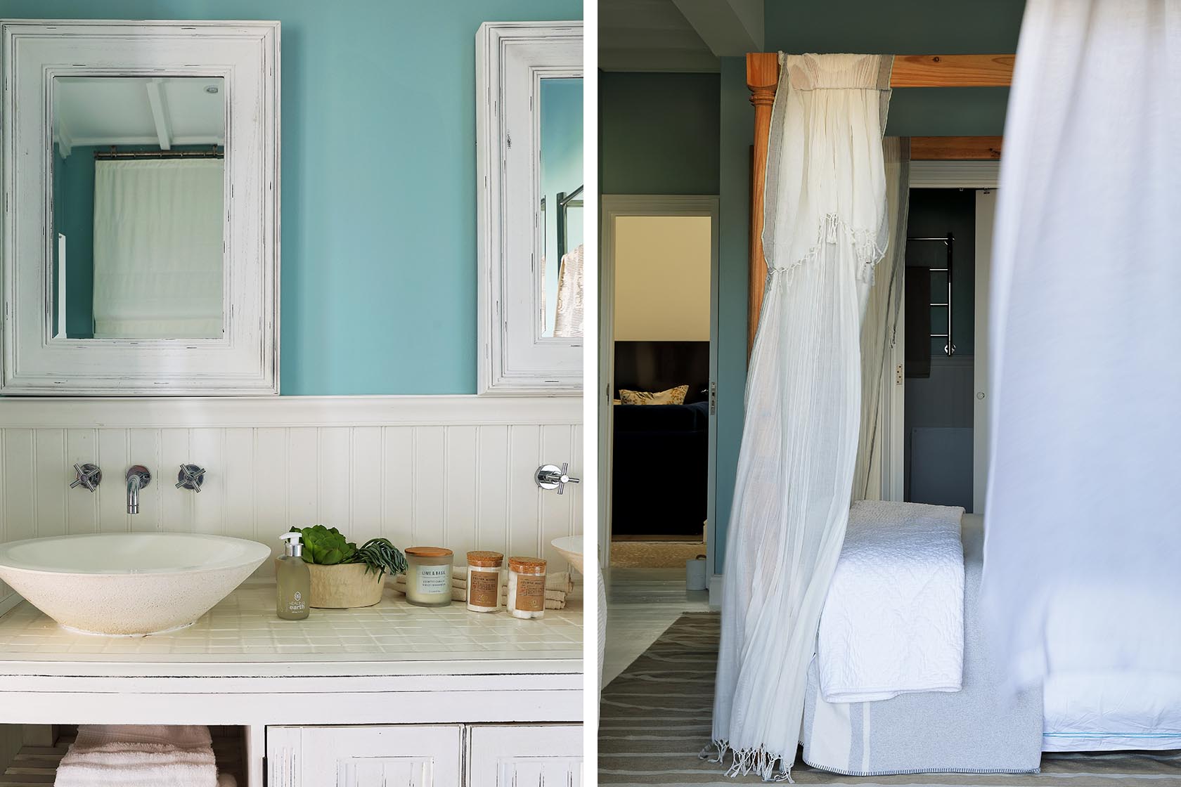 Perfect Hideaways - Bathroom vanity with vessel basin and coastal accessories beneath twin mirrors, paired with a bedroom view featuring a four-poster bed and flowing white curtains Cape Cottage_Yzerfontein_West Coast_Western Cape_South Africa