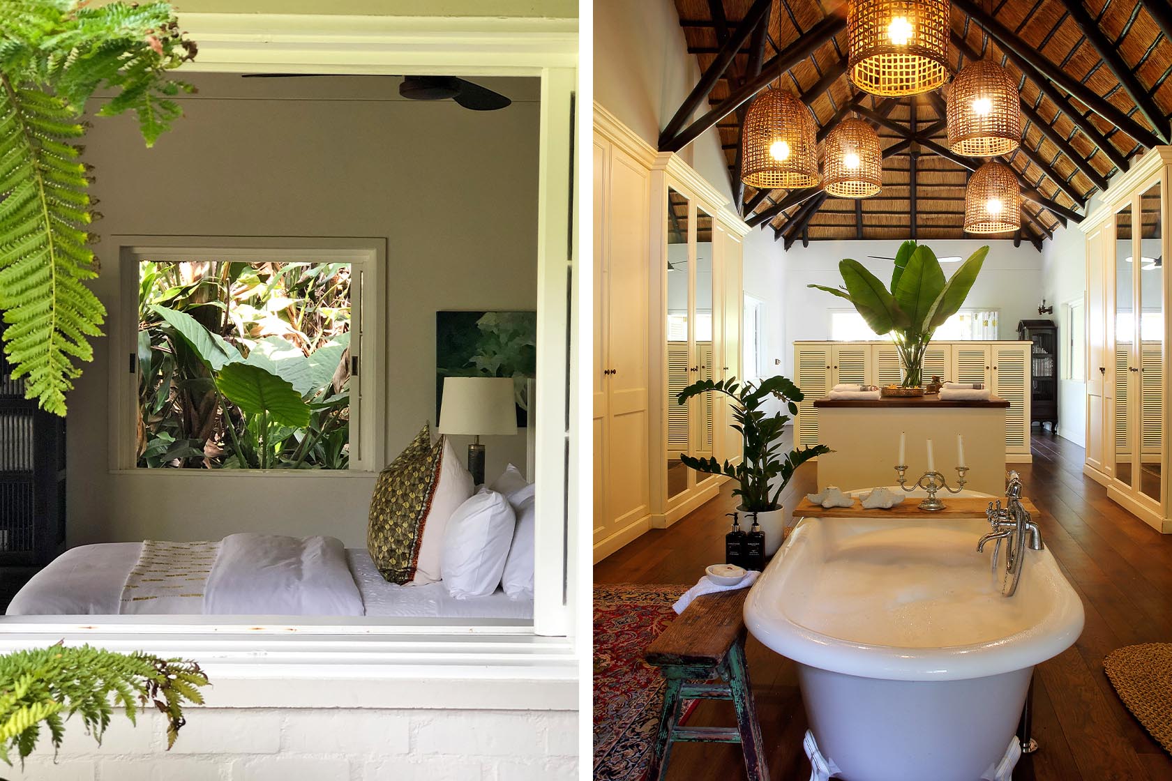 Perfect Hideaways- A serene bedroom interior with a vaulted thatched ceiling, woven pendant lights, crisp white bedding, and natural textures creating a restful retreat cowrie Cottage, Dolphin Coast, Kwazulu- Natal, South Africa