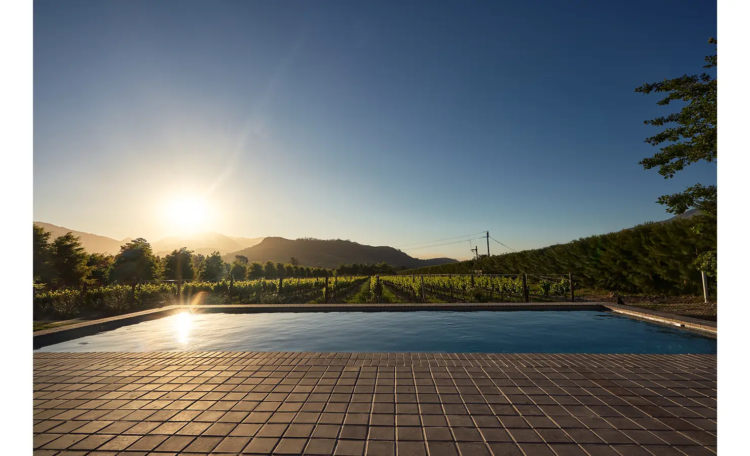 Perfect Hideaways a serene sunrise over a vineyard landscape, with golden light glimmering across a still rectangular pool and rolling mountains in the distance Colmant Manor House, Franschoek