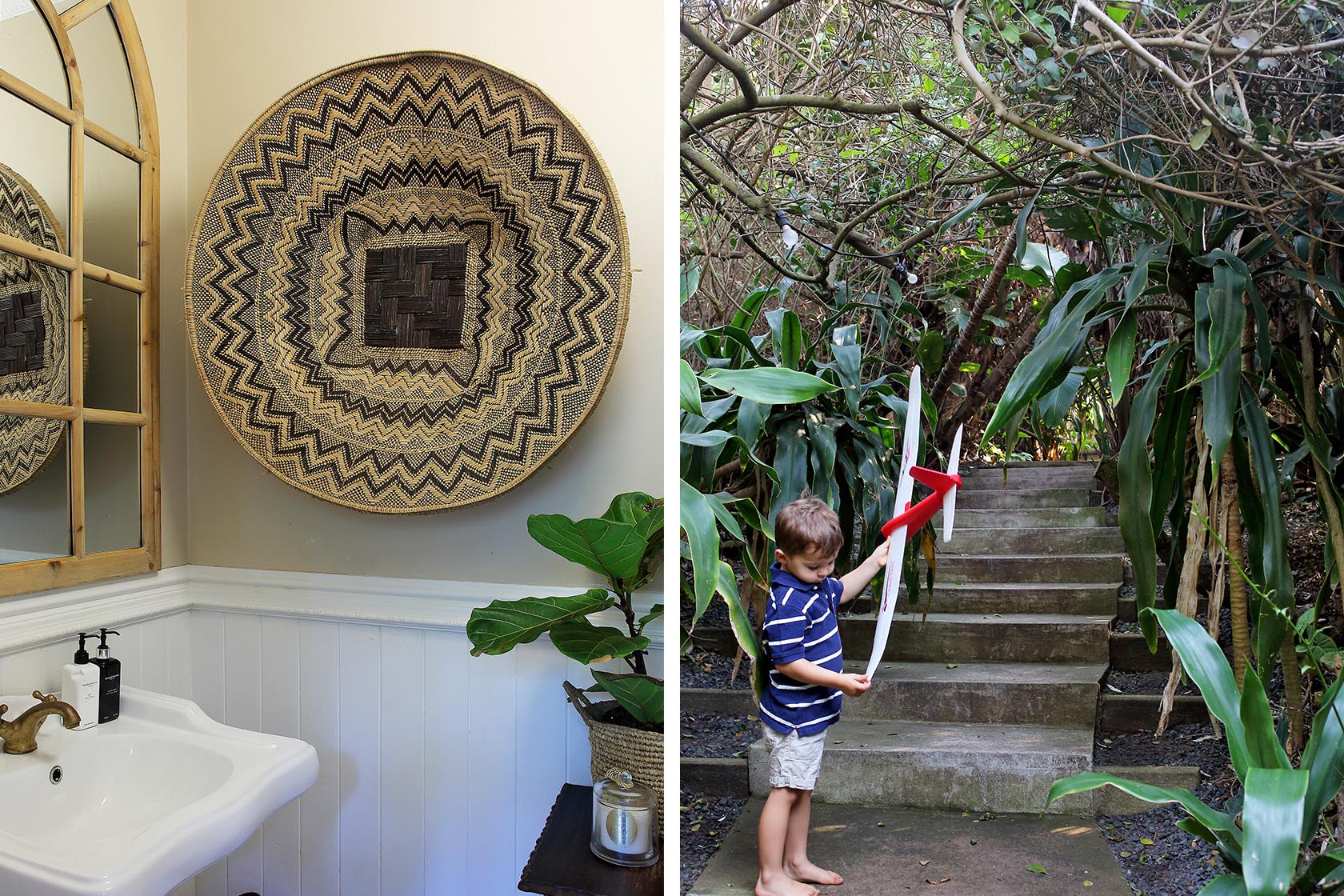 Perfect Hideaways- A tranquil bathroom detail with a woven wall basket, classic basin, brass tapware, and natural textures creating a warm, artisanal feel cowrie Cottage, Dolphin Coast, Kwazulu- Natal, South Africa