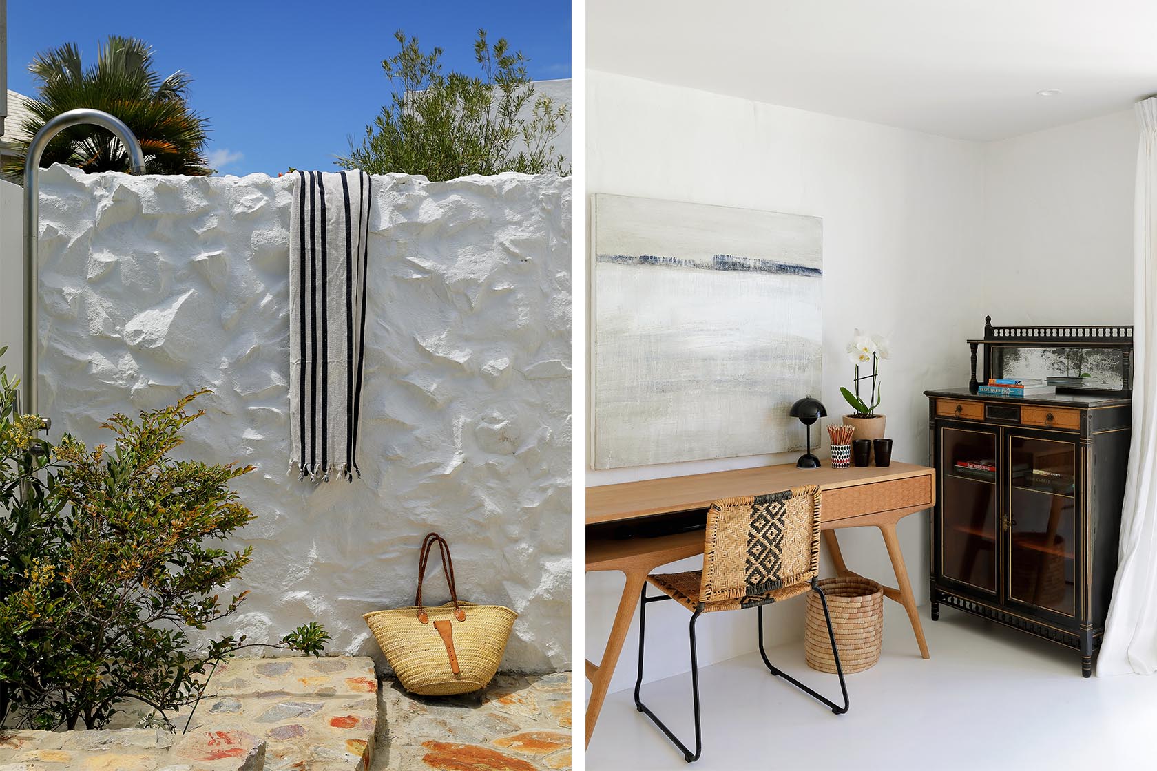 Perfect Hideaways: Lush lawn and stone steps down to the lagoon with built‑in sunbeds and a swim ladder, green hills beyond, Knysna, Tides Reach